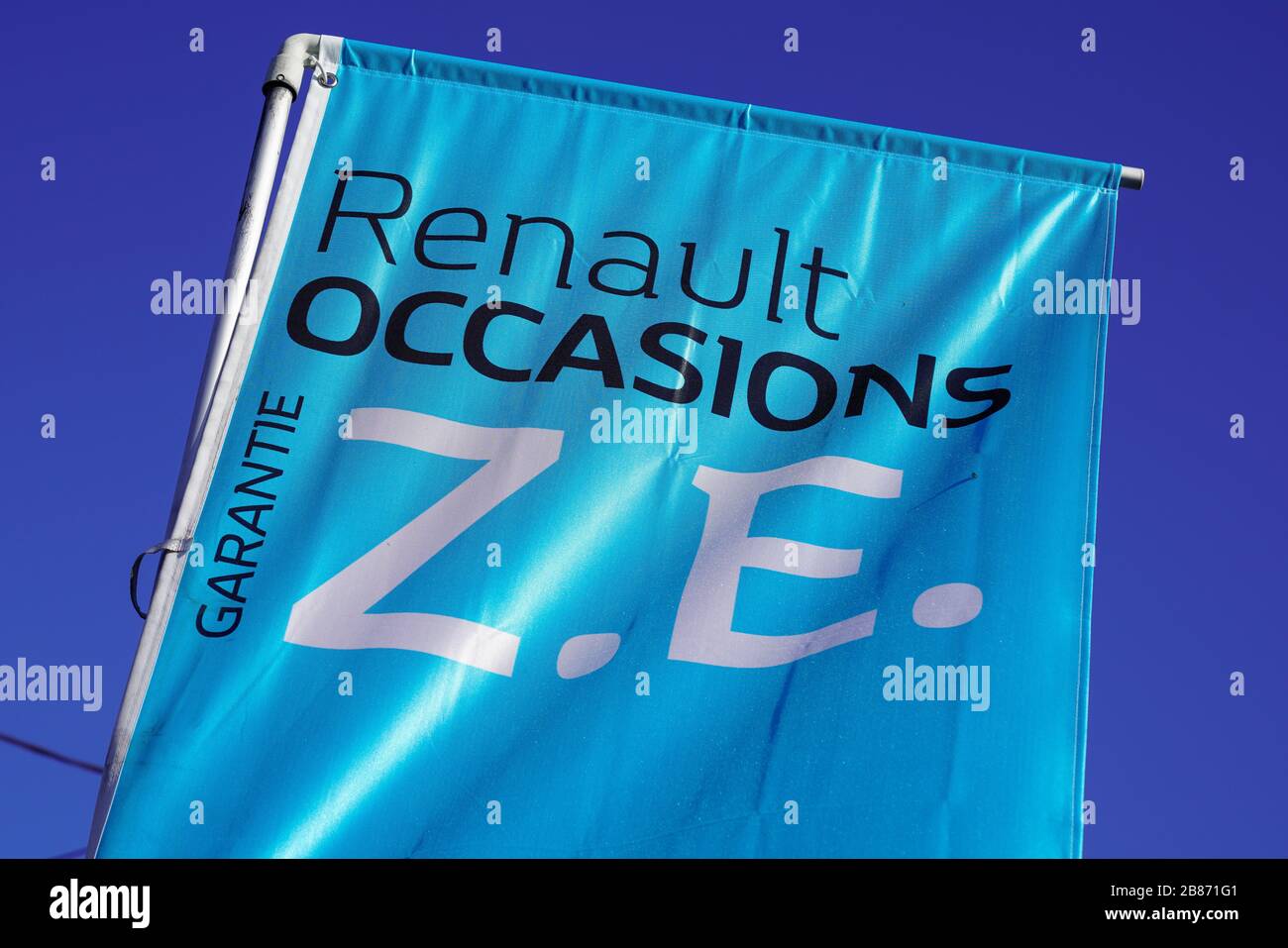 Bordeaux , Aquitaine / France - 12 04 2019 : Renault z.e. electric car logo flag sign used second hand car dealership vehicle Stock Photo