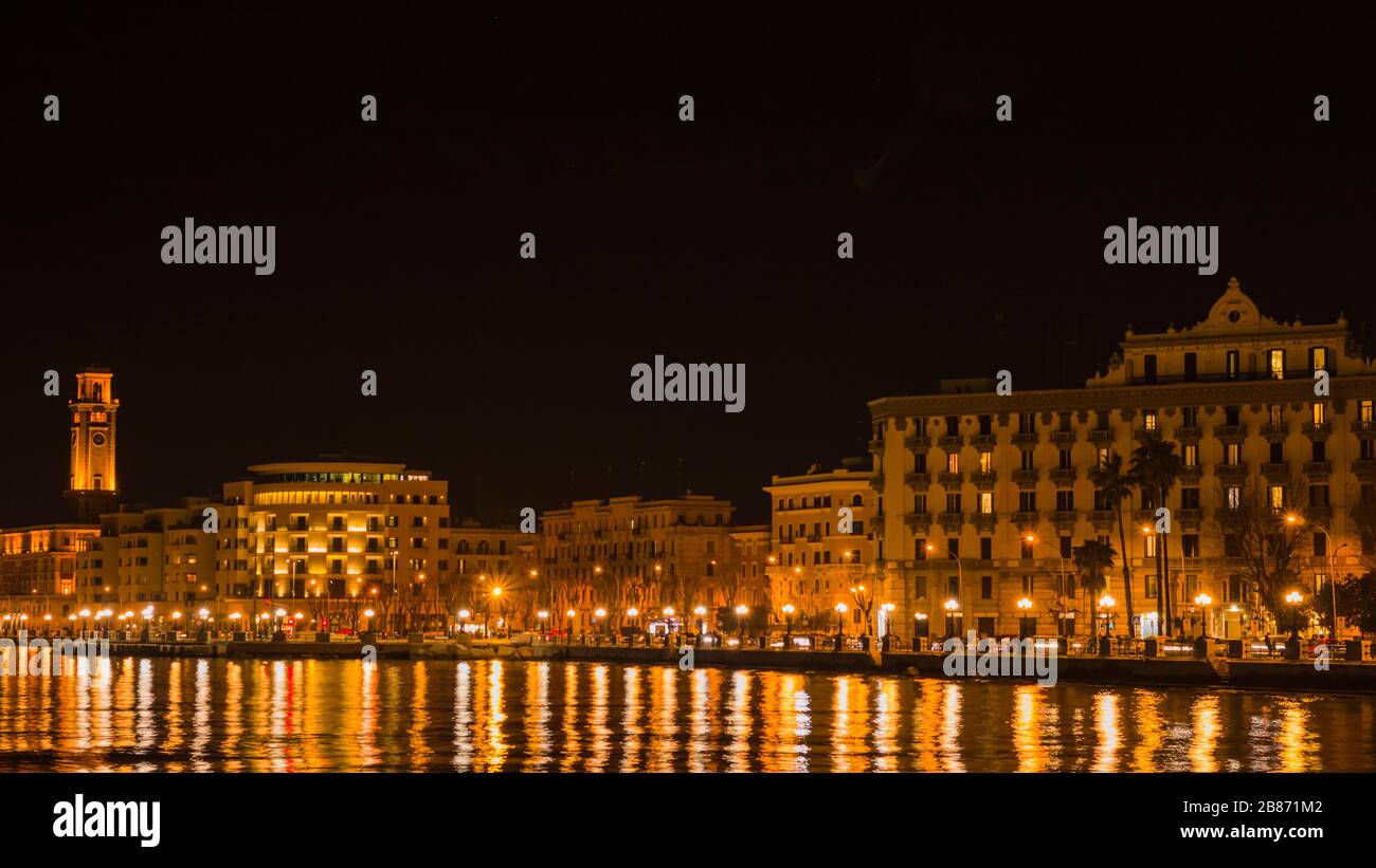 Bari Skyline Viewed from Sea at Night Stock Photo