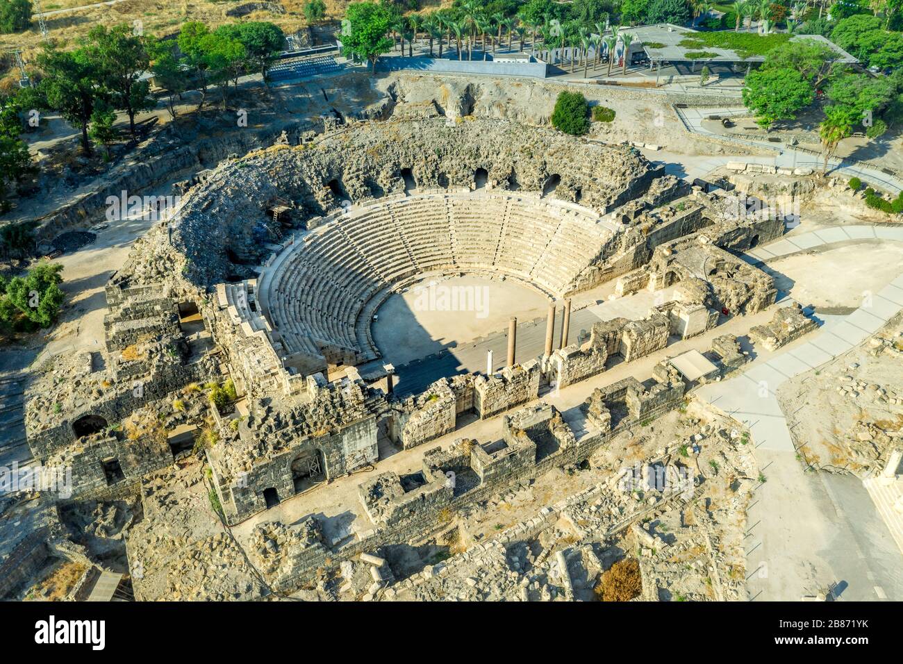 Aerial view of the Roman ruins of ancient Bet Shean amphitheater and in the Jordan Valley Northern Israel Stock Photo