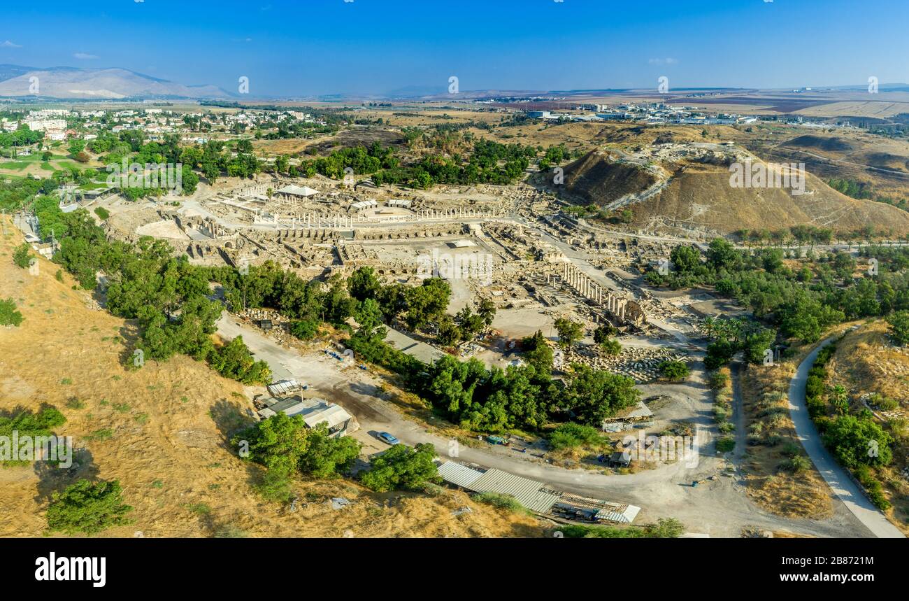 Aerial view of the Roman ruins of ancient Bet Shean amphitheater and forum in the Jordan Valley Northern Israel Stock Photo