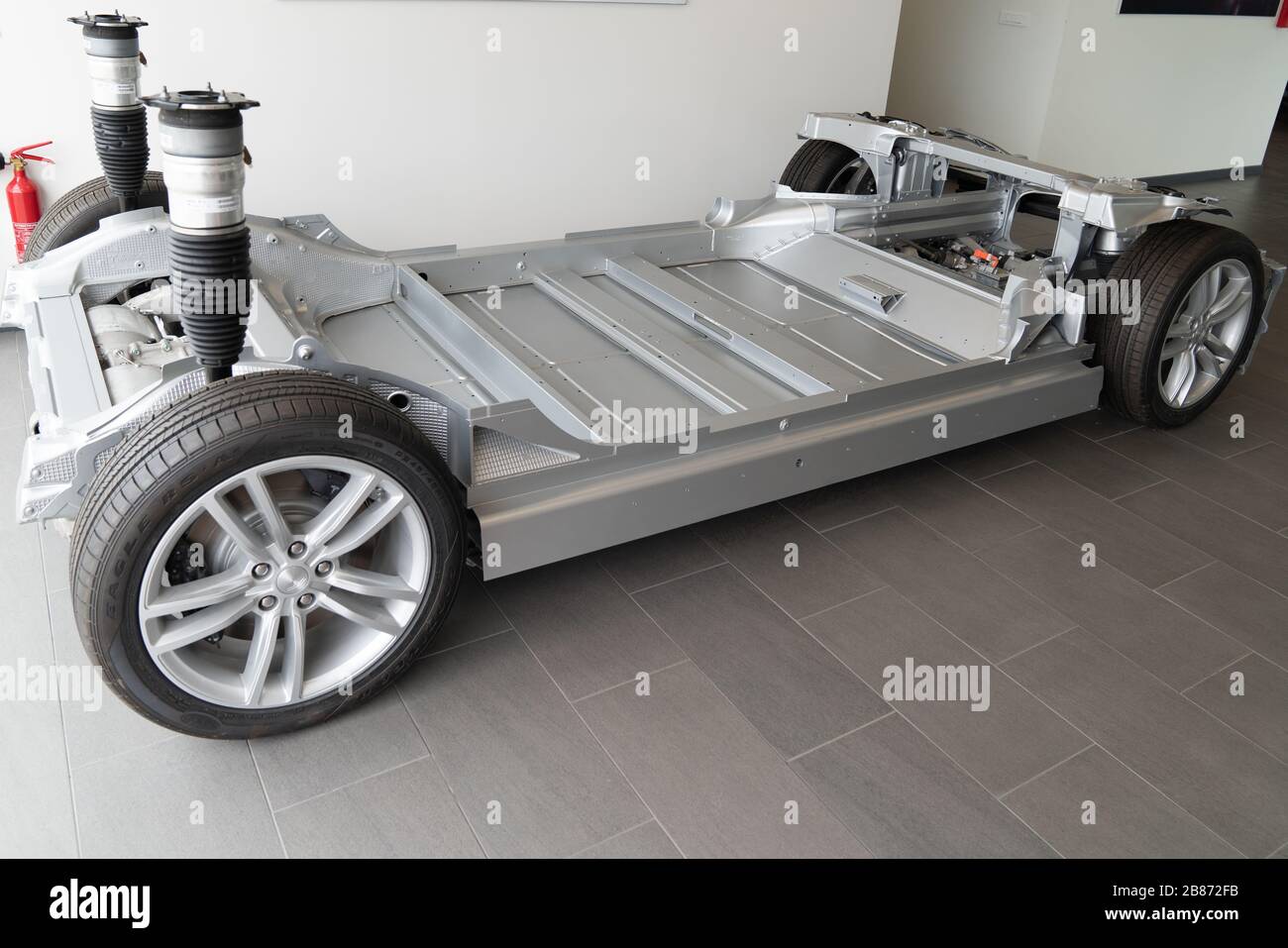 Bordeaux , Aquitaine / France - 11 07 2019 : tesla vehicle electric ve Car Chassis real in store showroom dealership Stock Photo