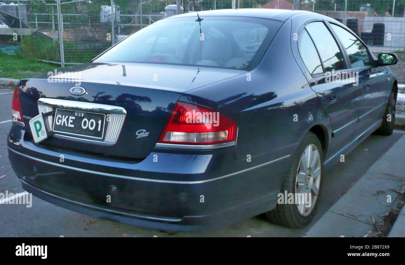 English: 2002–2004 Ford Fairmont (BA) Ghia sedan. Photographed in Kirrawee,  New South Wales, Australia.; 6 June 2009; Own work; OSX Stock Photo - Alamy