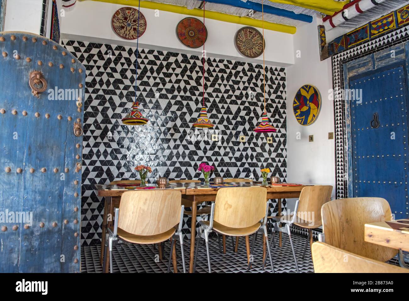 Essaouria, Morocco - September 2017: Brightly coloured morocan styled boutique bistro Stock Photo