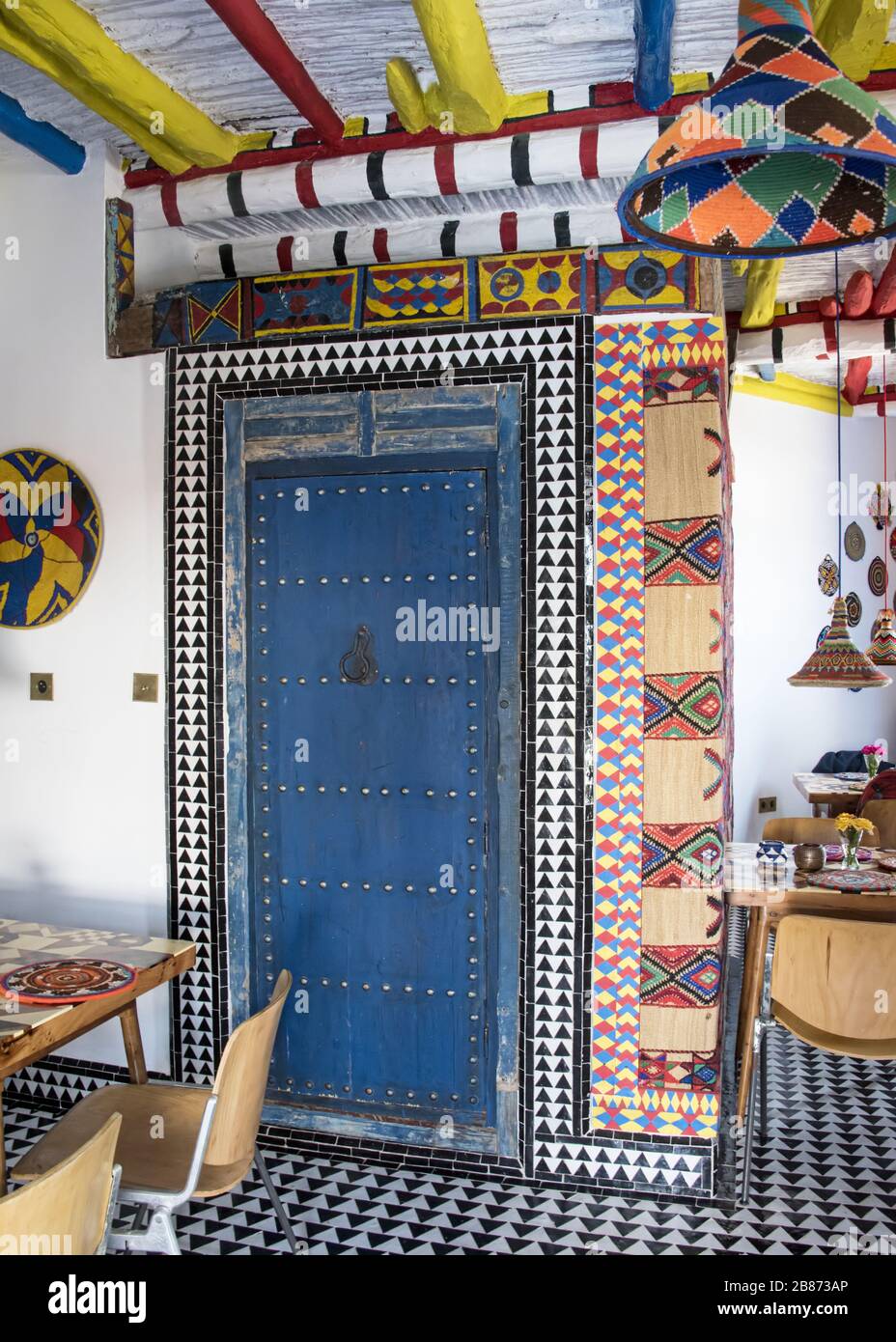 Essaouria, Morocco - September 2017: Brioghtly coloured morocan styled boutique bistro Stock Photo