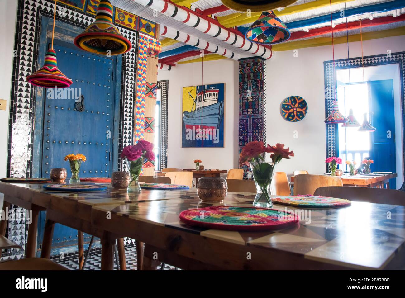 Essaouria, Morocco - September 2017: Brioghtly coloured morocan styled boutique bistro Stock Photo