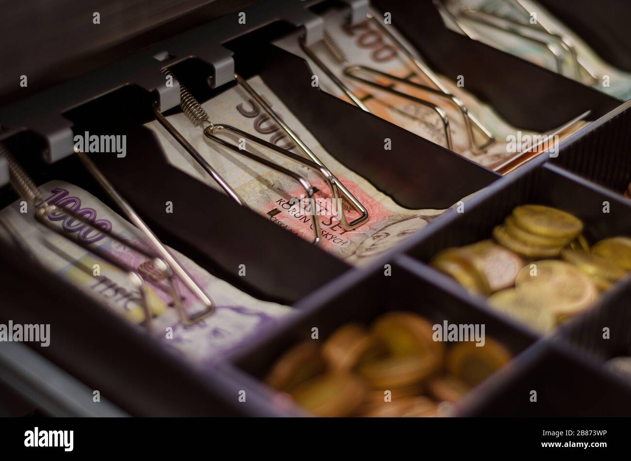 Czech crowns of various denominations in a cash drawer1 Stock Photo