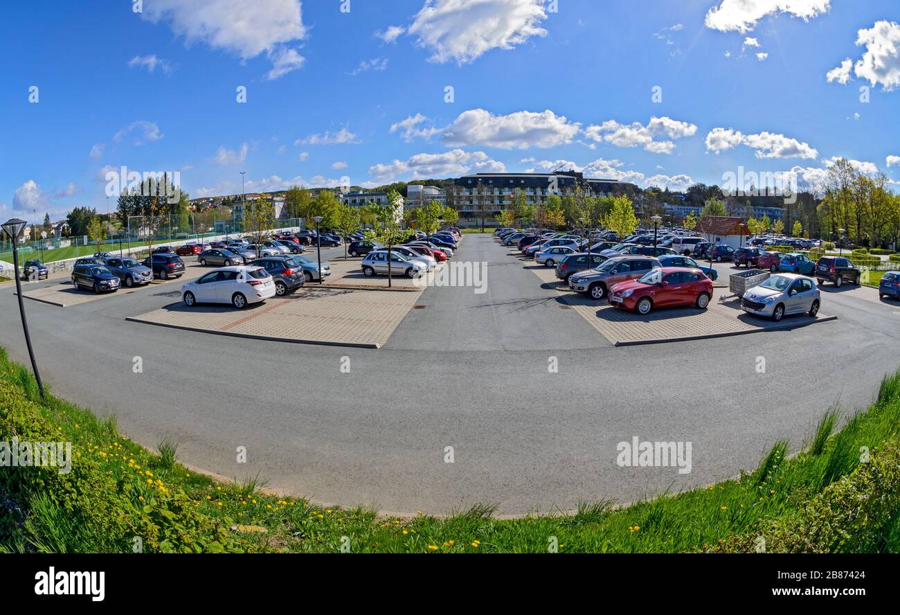 panoramic view across a parking ground at the spa village of Bath Tatzmannsdorf, Austria Stock Photo