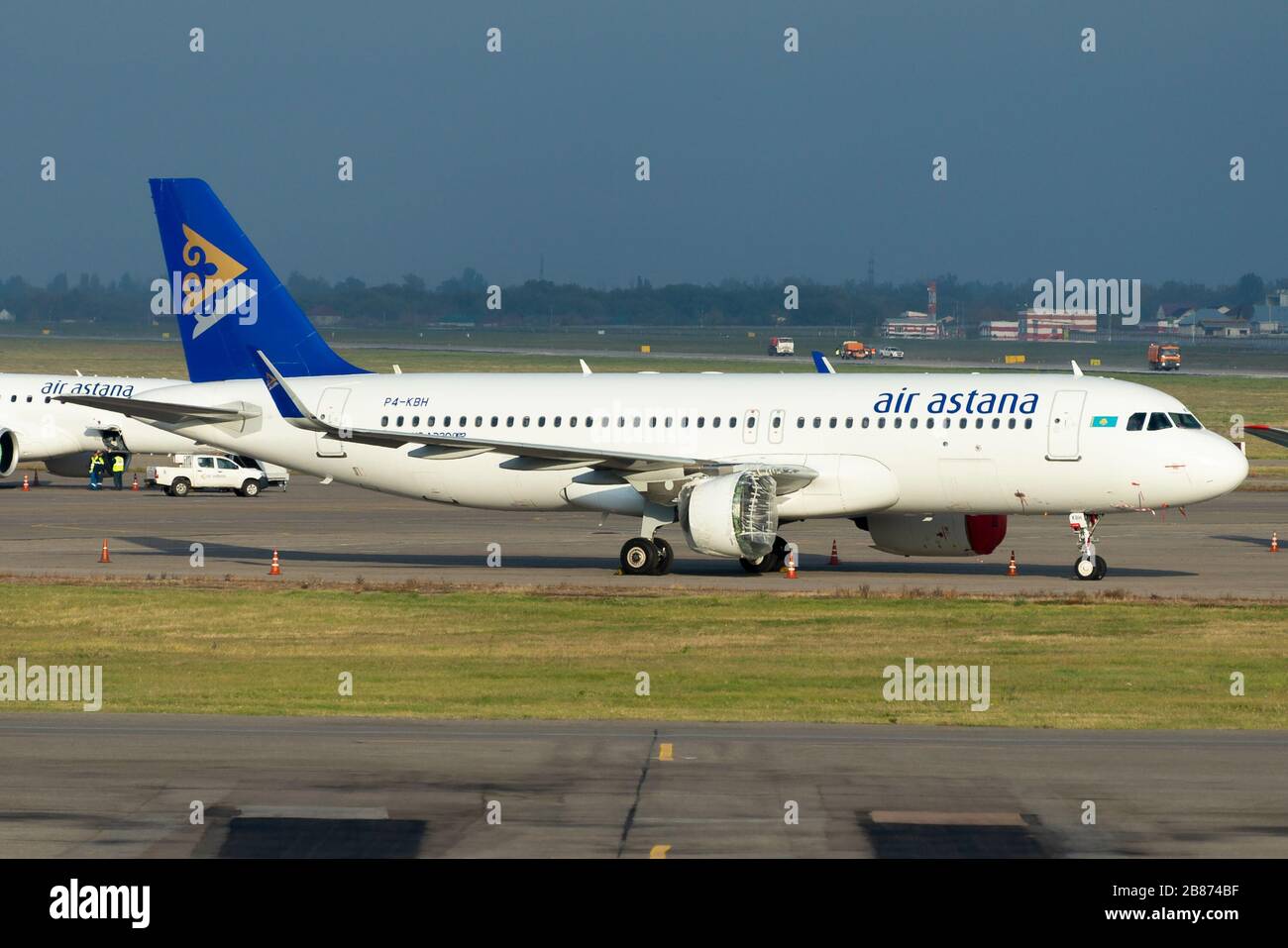 Air Astana Airbus A320 NEO without engine. First C check (heavy maintenance) for A320 family jets in Almaty, Kazakhstan. Aircraft registered as P4-KBH Stock Photo