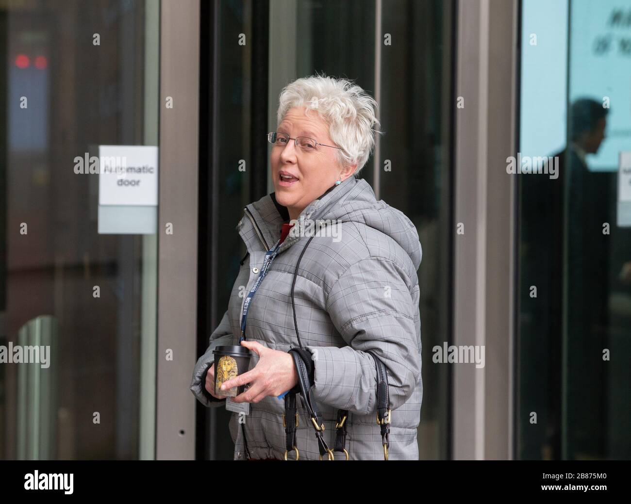 Carrie Gracie, former China editor for BBC News, arrives at the BBC studios in London. She resigned in Jan 2018 citing gender pay discrimination. Stock Photo