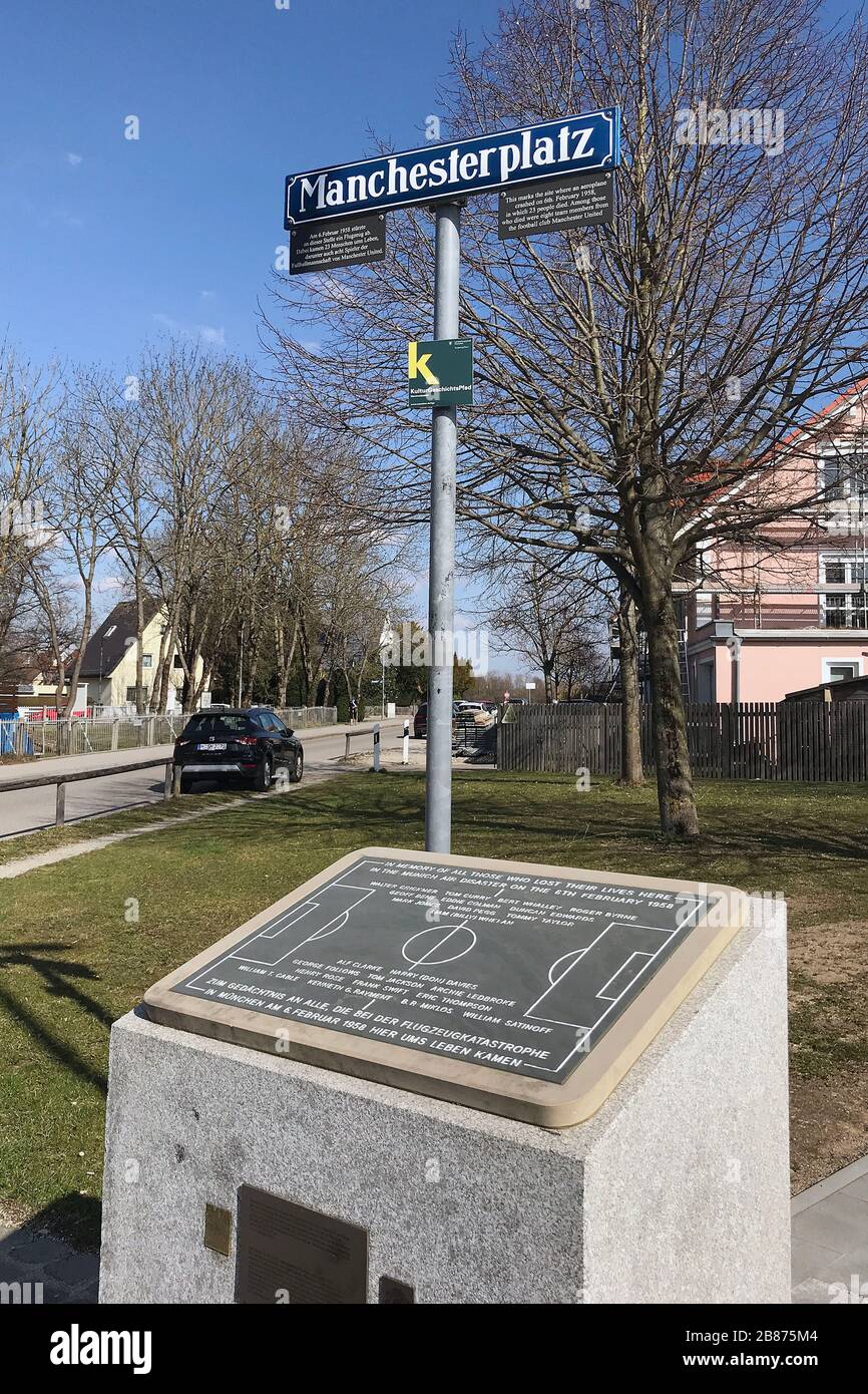 Memorial plaque and memorial stone at Manchesterplatz in Muenchen Riem. It  was named on April 24, 2008 to commemorate the plane crash of February 6,  1958 at what was then Riem Airport,