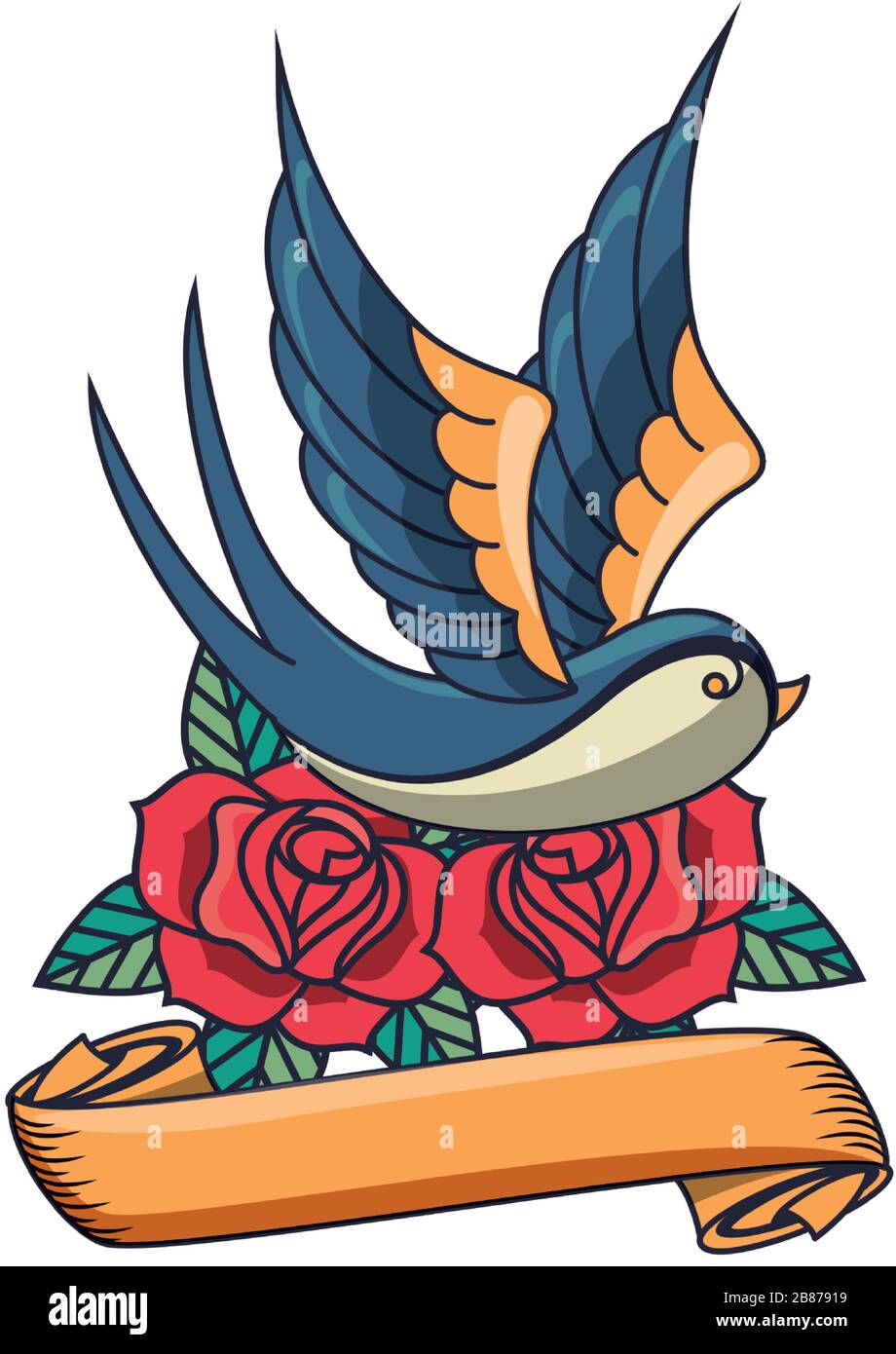beautiful bird flying with roses and ribbon frame Stock Vector Image ...