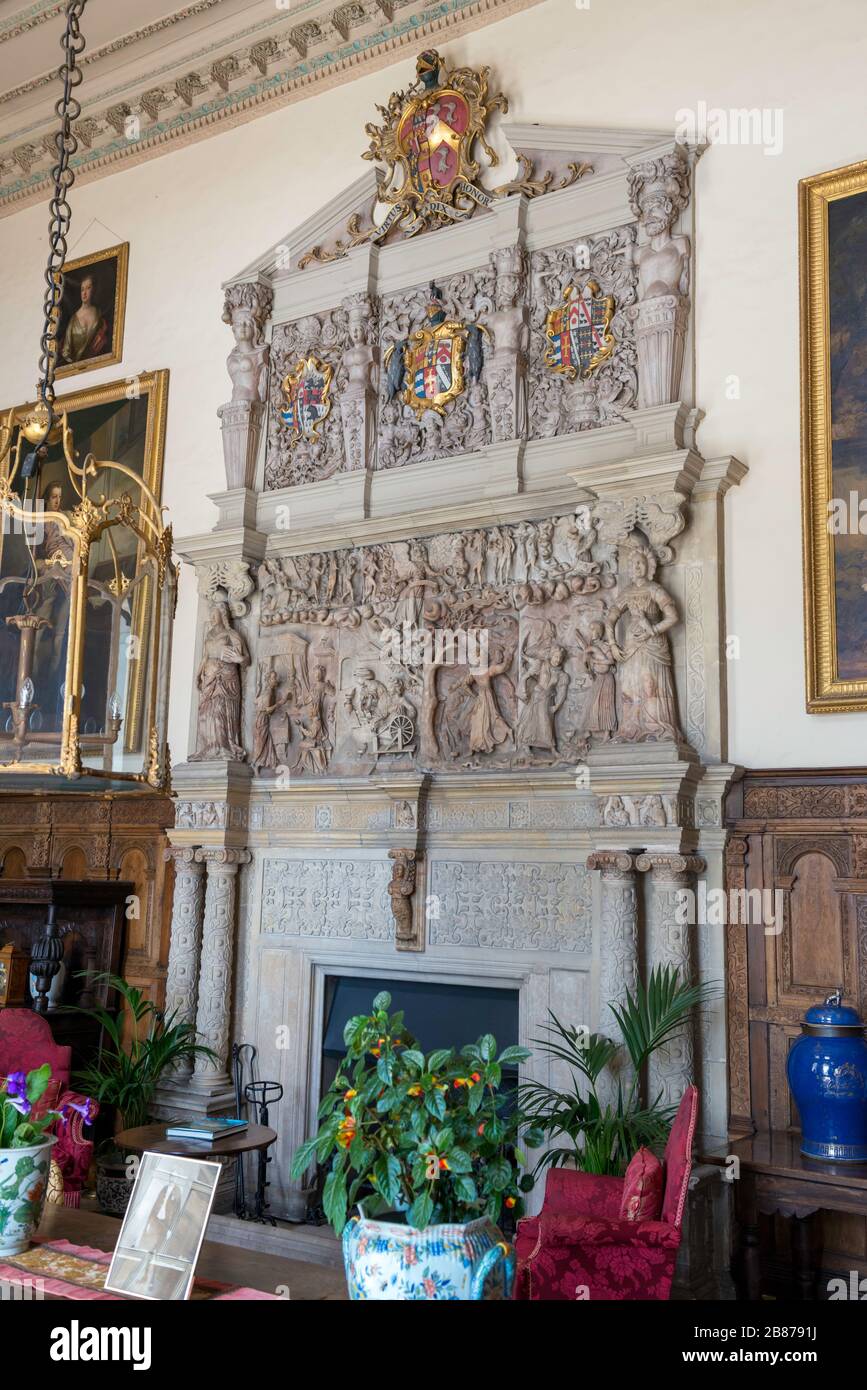 An elaborately carved chimney piece at Burton Agnes Hall, a superb Elizabethan manor house in East Yorkshire Stock Photo