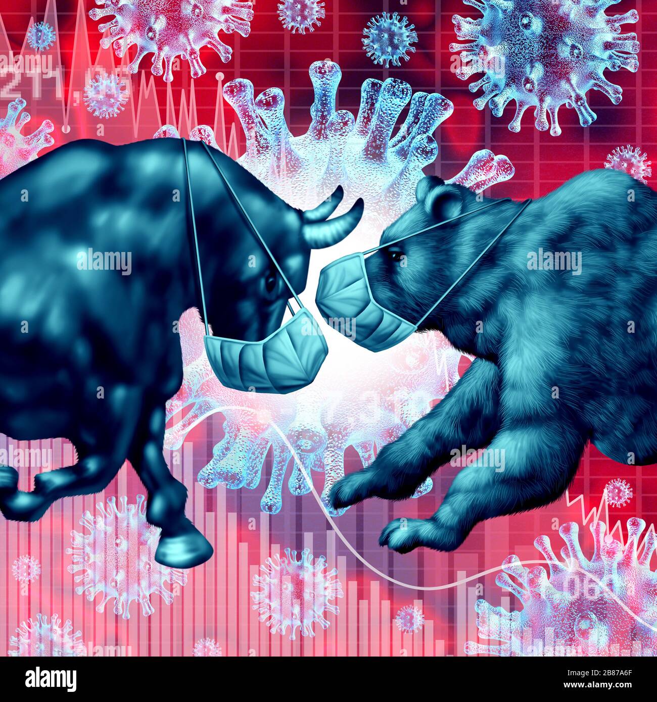 Stock market pandemic and virus fear or bull and bear economic crisis and sick financial health as a business recession concept for uncertainty. Stock Photo