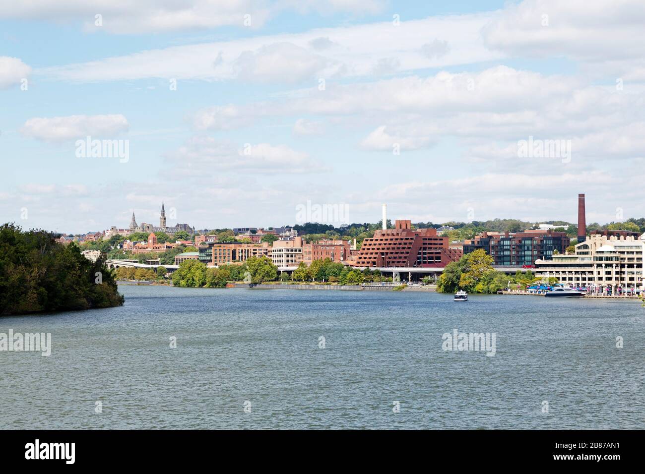 The Georgetown waterfront in Washington DC, USA. The Potomac River flows in the foreground. Stock Photo