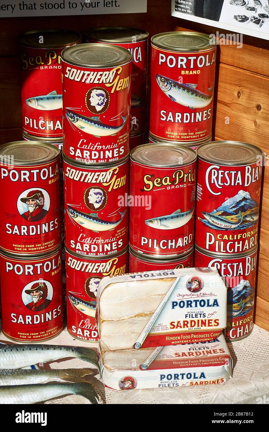 Displayed fish cans in a showcase, Cannery Row, Monterey Stock Photo