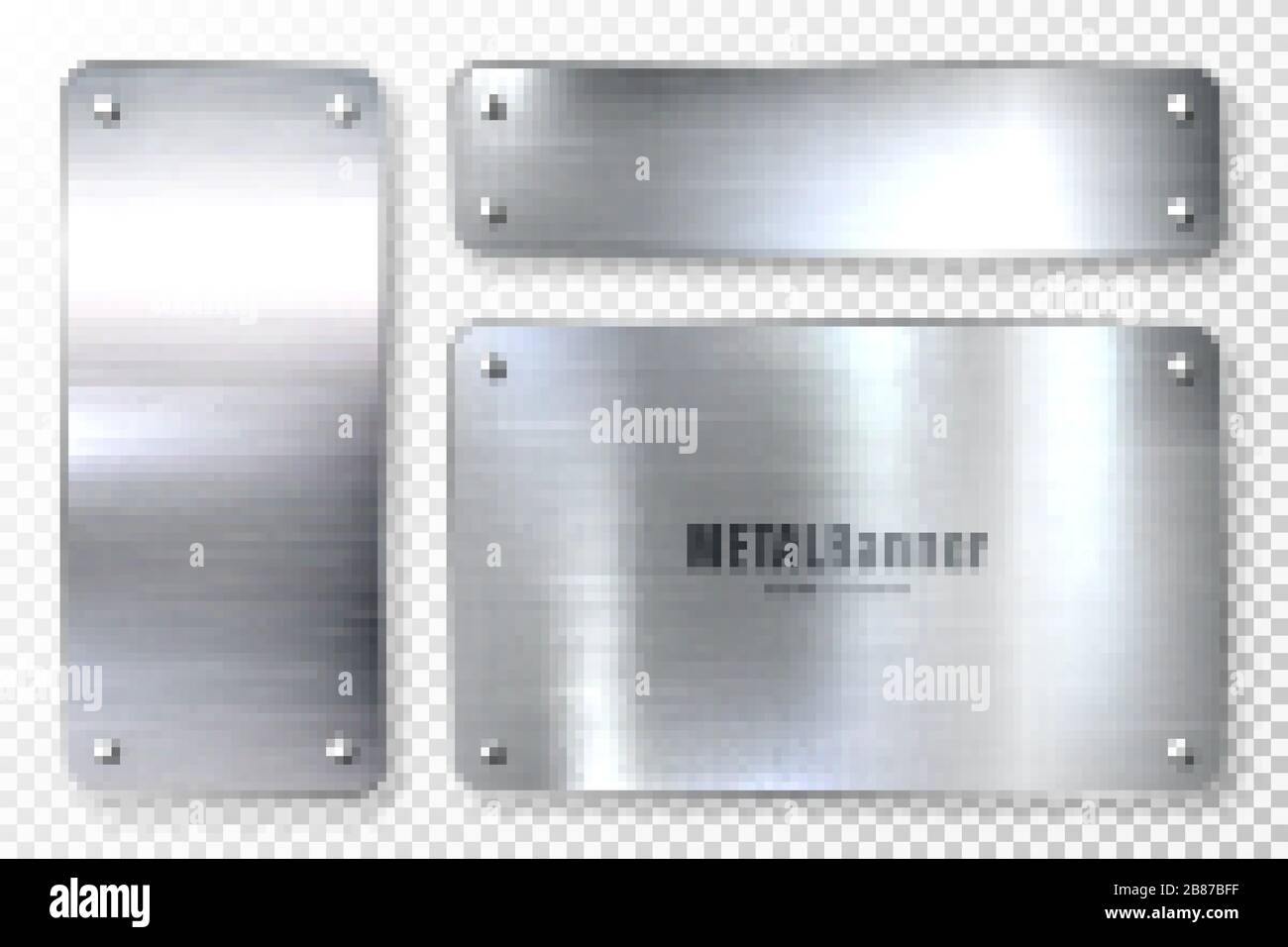 Realistic shiny metal banners set. Brushed steel plate. Polished silver ...