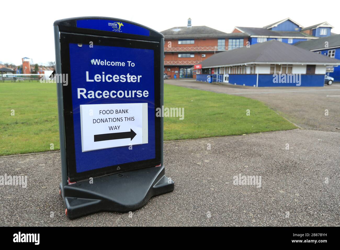 A general view of a sign for a food donation bank at Leicester racecourse as racing in Britain is on hold until the end of April at the earliest. Stock Photo