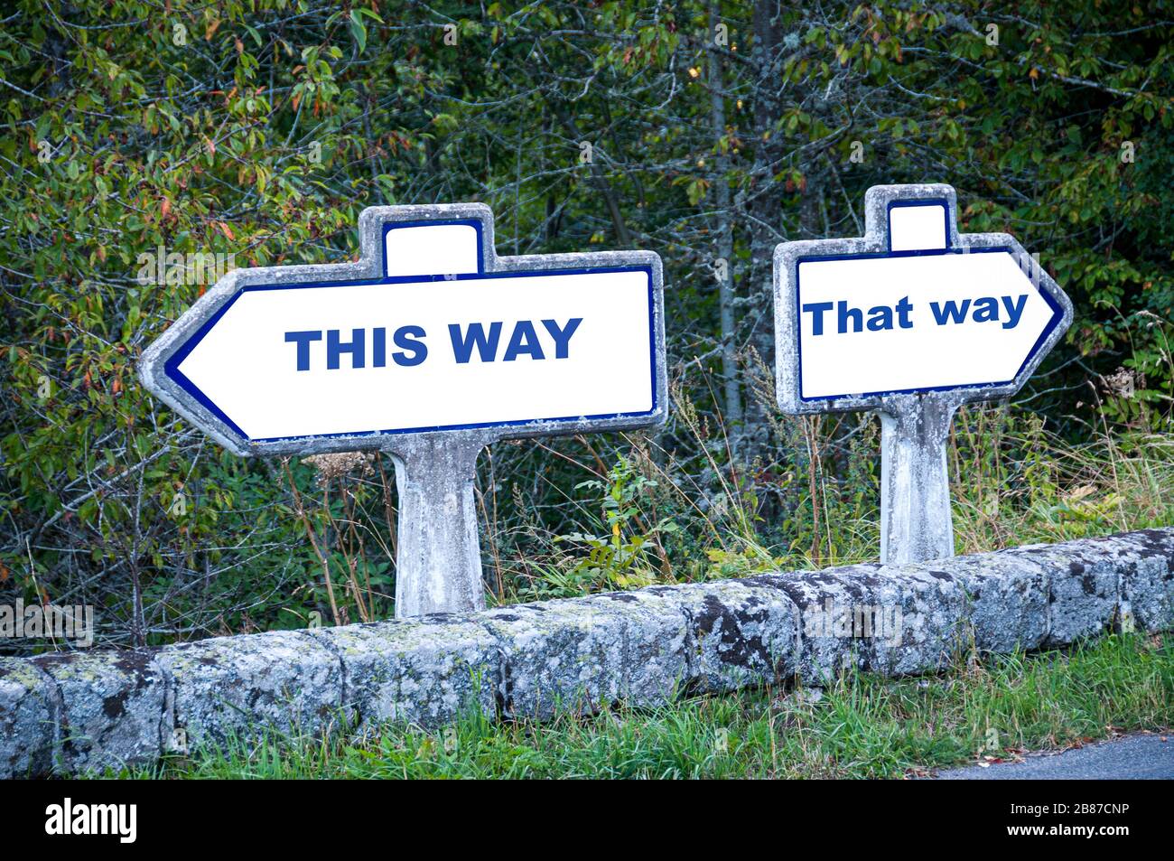 This way or that way Decisions concept old French signposts,  . lozere, France. Stock Photo