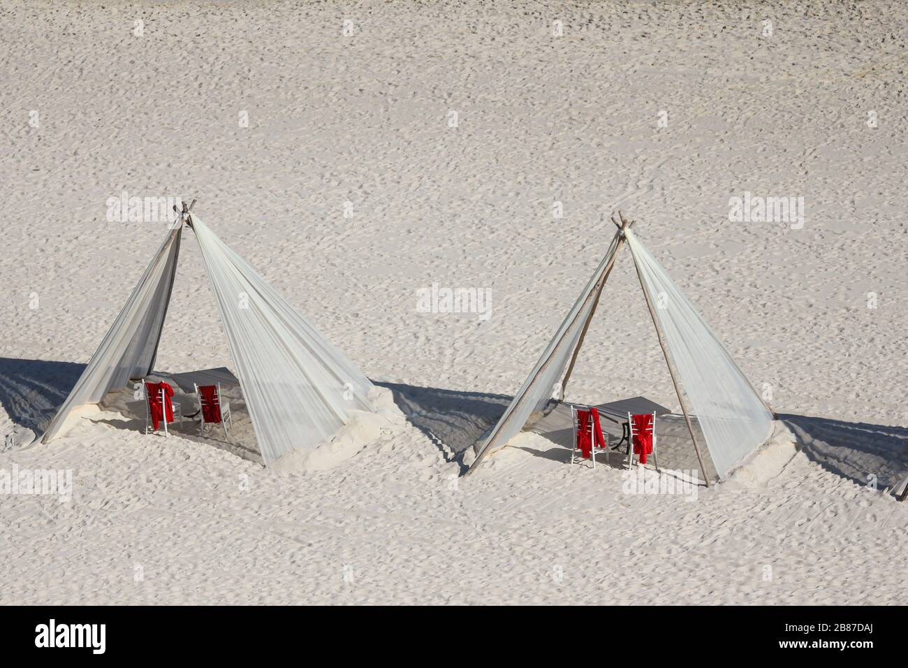 Shelters on the beach in front of the Hyatt Zilara Resort, Hotel Zone, Cancun, Quintana Roo, Yucatan Peninsula, Mexico Stock Photo