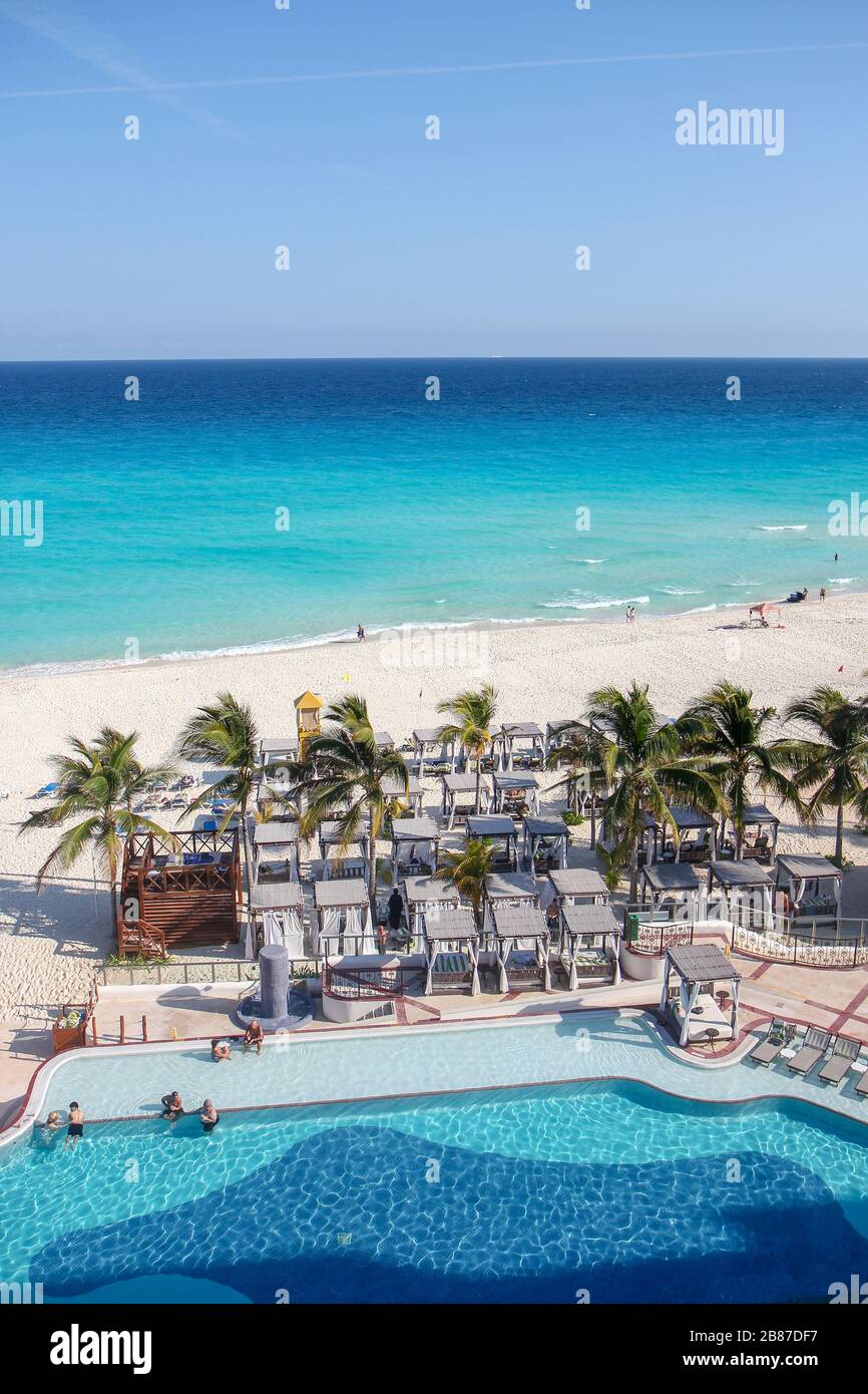A view from above of the pool and beach at the Hyatt Zilara Resort, Cancun, Quintana Roo, Yucatan Peninsula, Mexico Stock Photo