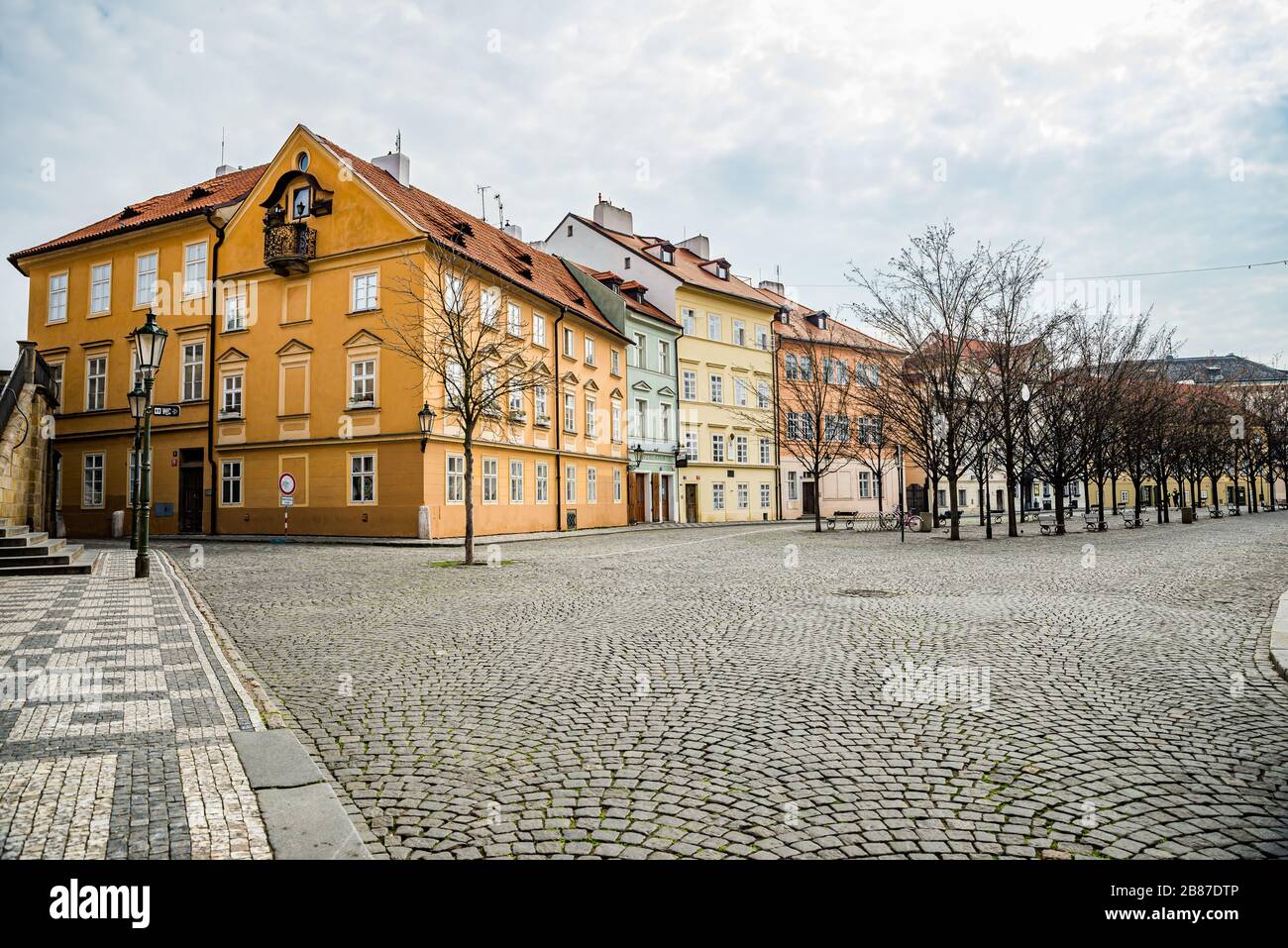 Prague, Czech republic - March 19, 2020. Street Na Kampe by Charles Bridge without tourists during coronavirus travel ban Stock Photo