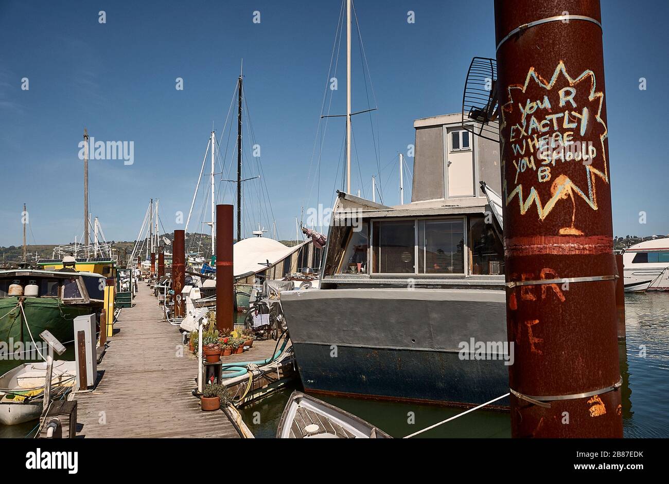 The Sausalito Houseboat Community is an expression for an alternative lifestyle. Stock Photo