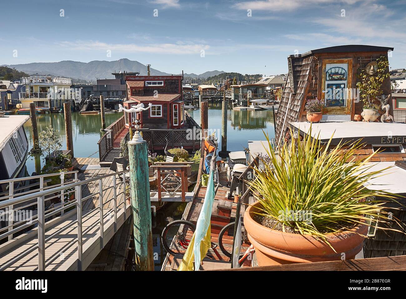 The Sausalito Houseboat Community is an expression for an alternative lifestyle. Stock Photo