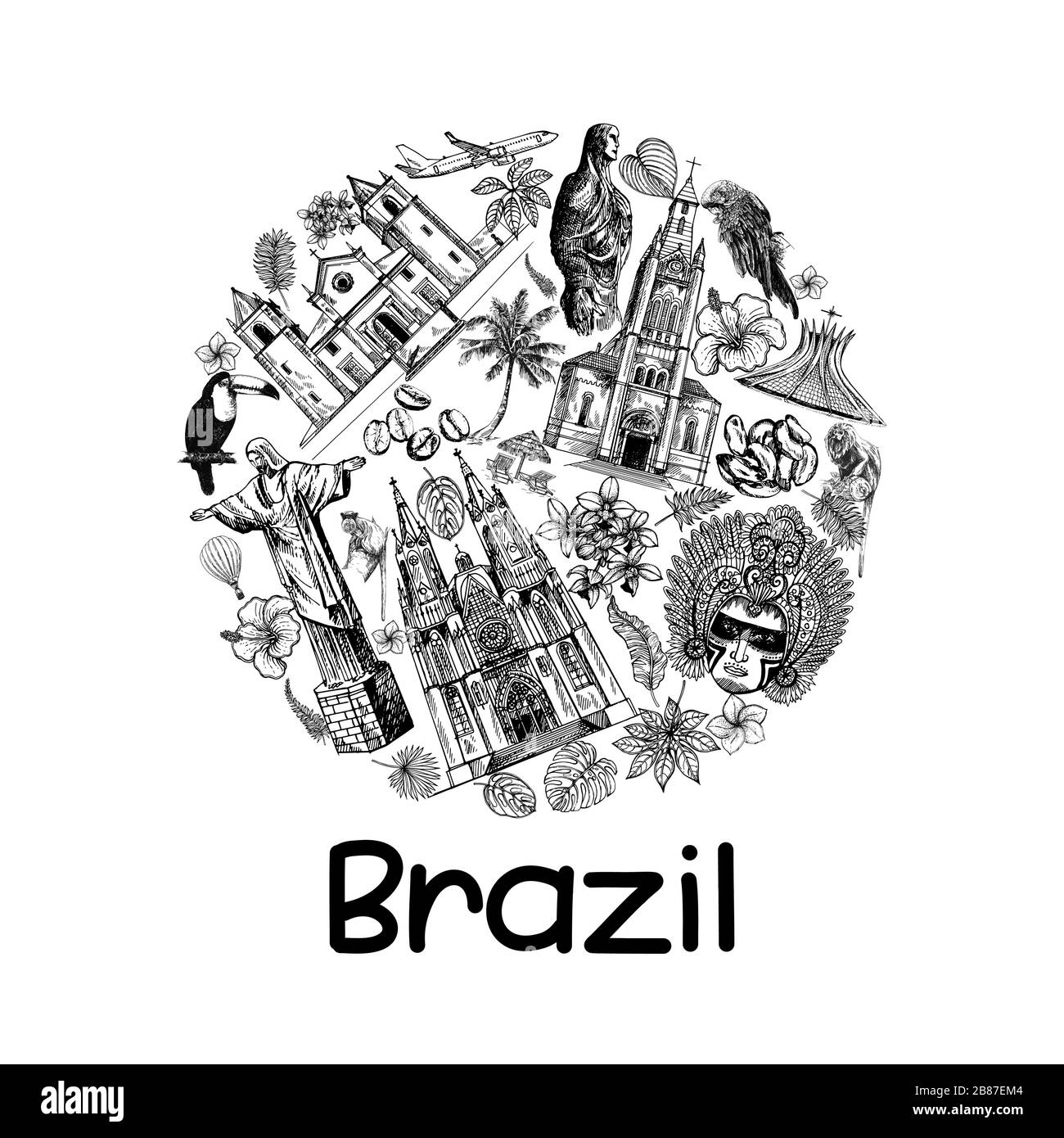 Poster card composition of hand drawn sketch style Brazil related objects isolated on white background. Vector illustration. Stock Vector