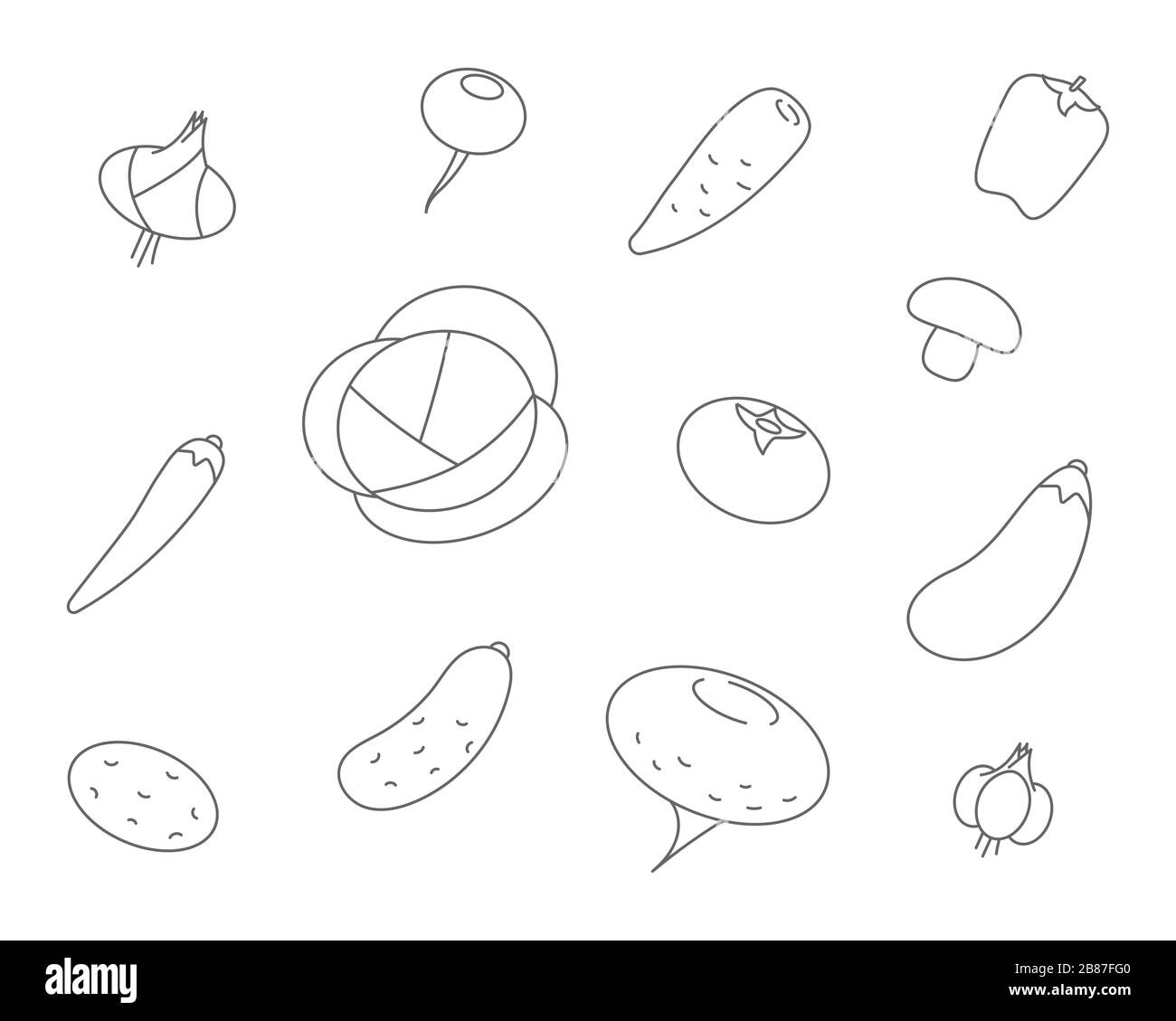 Vegetables line icons. Set vector icon of vegetable cabbage, carrots, cucumber, garlic, onions, peppers. Stock Vector
