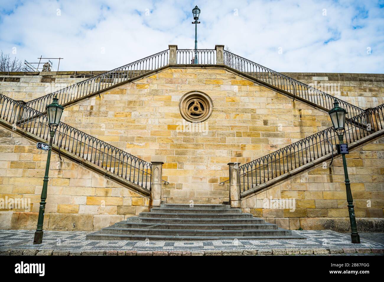 Prague, Czech republic - March 19, 2020. Street Na Kampe by Charles Bridge without tourists during coronavirus travel ban Stock Photo
