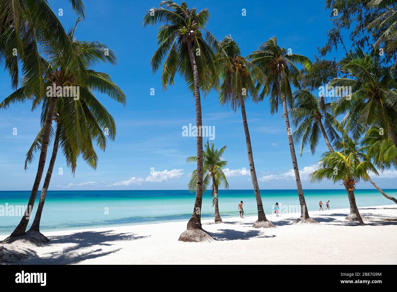 Boracay Island, Aklan Province, Philippines: People walking along the famous almost empty White Beach with coconut trees lined up Stock Photo