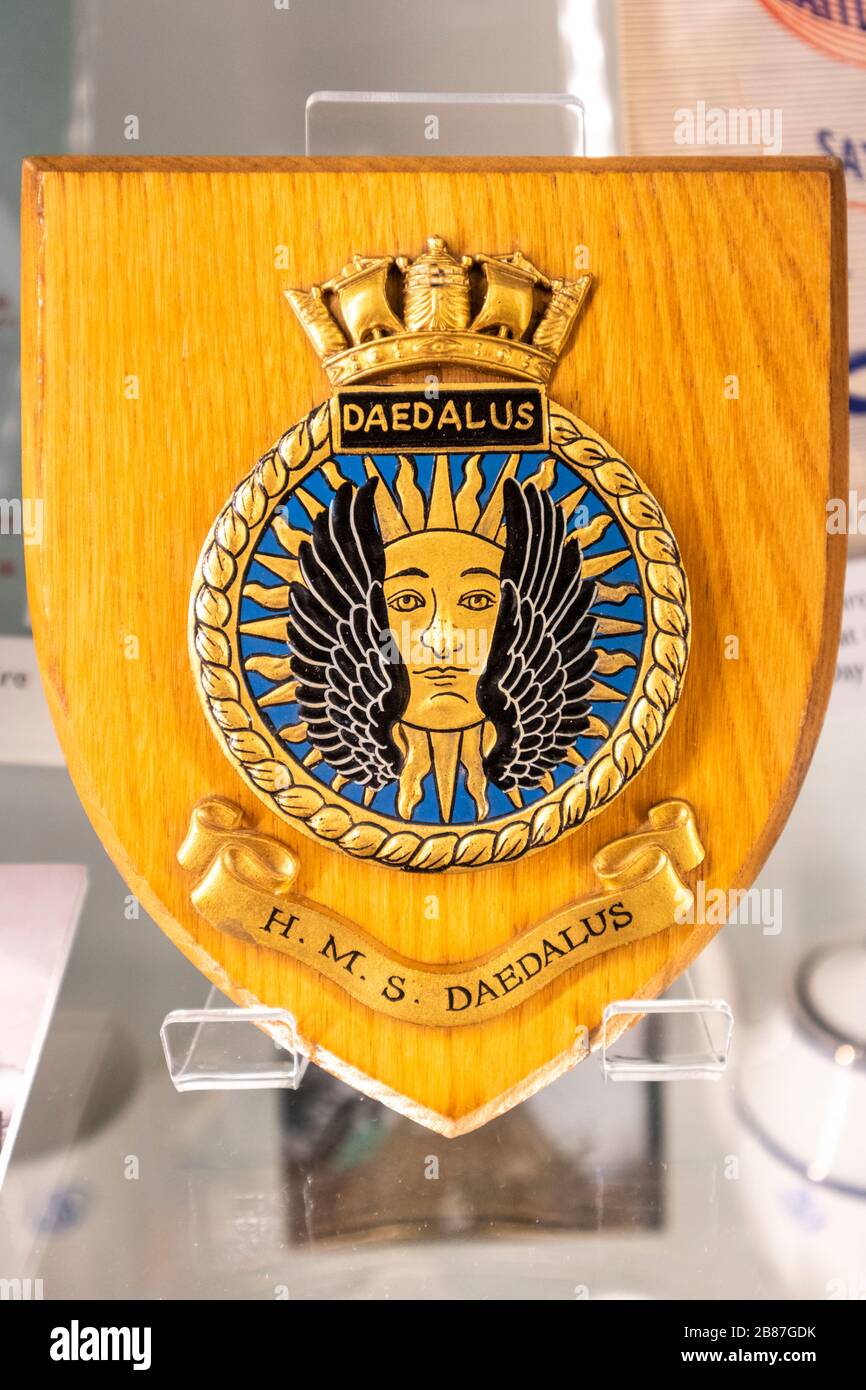 The crest of HMS Daedalus on display in the RAF Defford Museum at Croome Court, Worcestershire UK Stock Photo