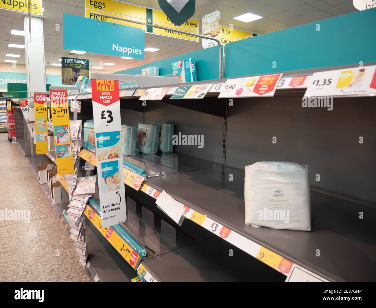 Supermarket stock running low of baby products during the Corona Virus outbreak Stock Photo