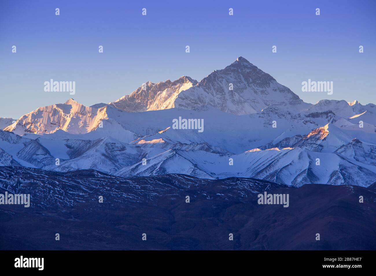 Mount Everest view at sunrise from Tibet Stock Photo