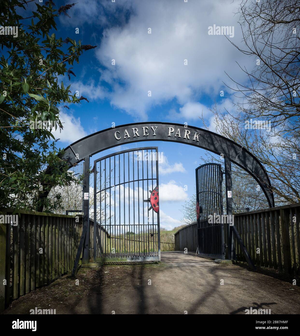 The entrance to Carey Park, Northwich, Cheshire - Carey Park is located on the site of the former Witton landfill. A seven year reclamation project tu Stock Photo