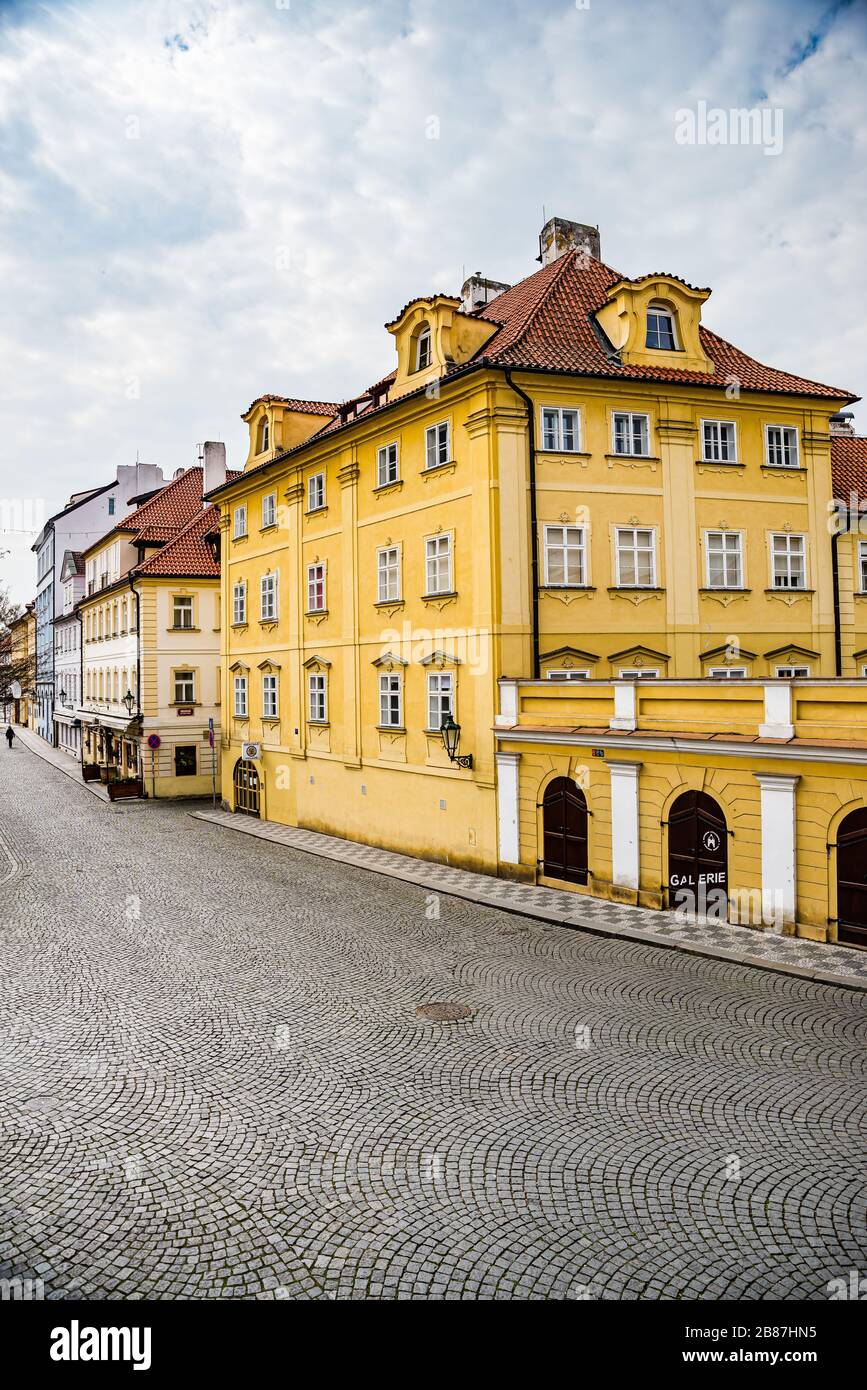 Prague, Czech republic - March 19, 2020. Street Na Kampe by Charles Bridge without tourists during coronavirus travel ban Stock Photo