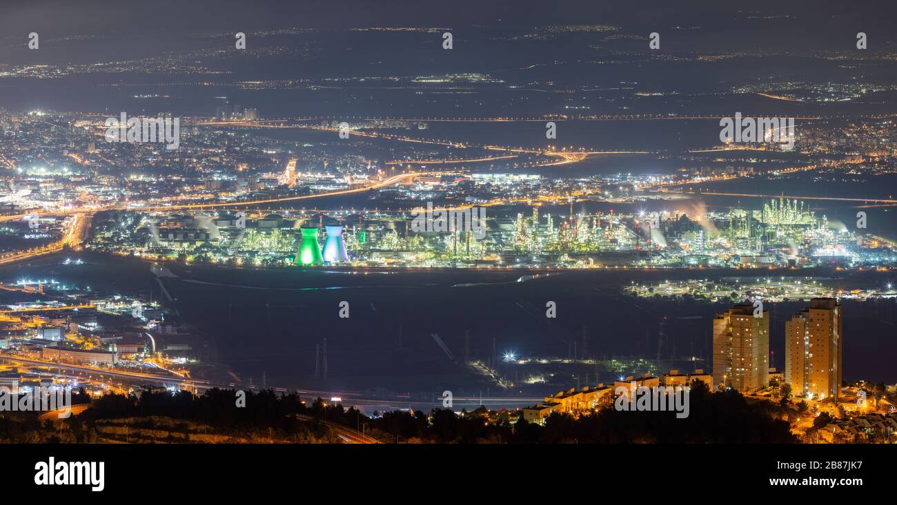 The Haifa metropolitan area, Industrial Zone of Haifa At Night, Aerial View, Israel Stock Photo