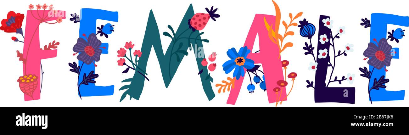 The inscription Woman in English. Vector. Letters. Female and flower life. The power of wildlife. Flowers and buds around letters. Flat style. Logo fo Stock Vector