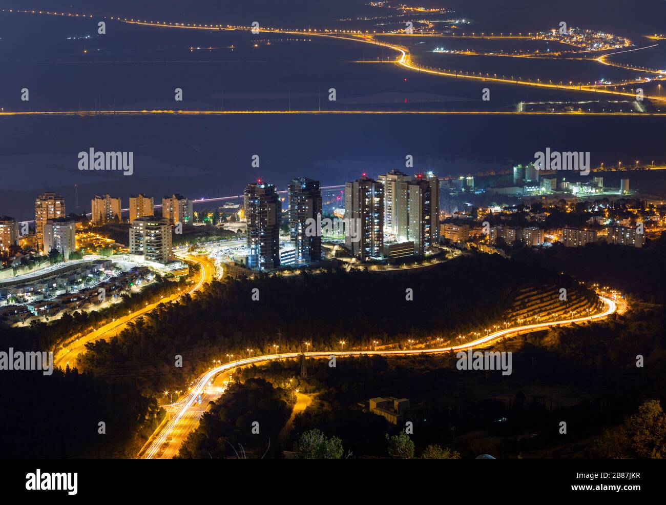 The New Residential district in Haifa,  Metropolitan Area At Night, Aerial View, Haifa, Israel Stock Photo