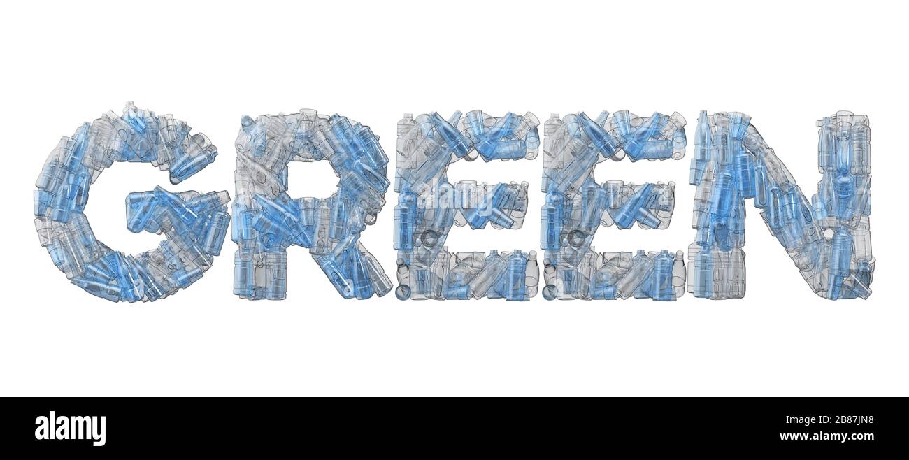 Green word spelt out in empty plastic bottle font stock photo alamy