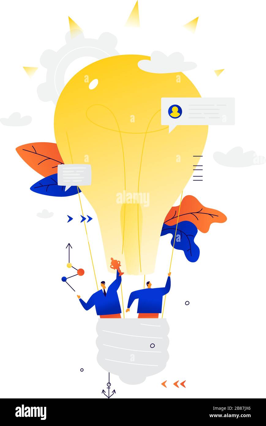 Illustration of businessmen flying in a balloon. Vector. Metaphor. Balloon in the form of an electric bulb. Two people are exploring the expanses of b Stock Vector
