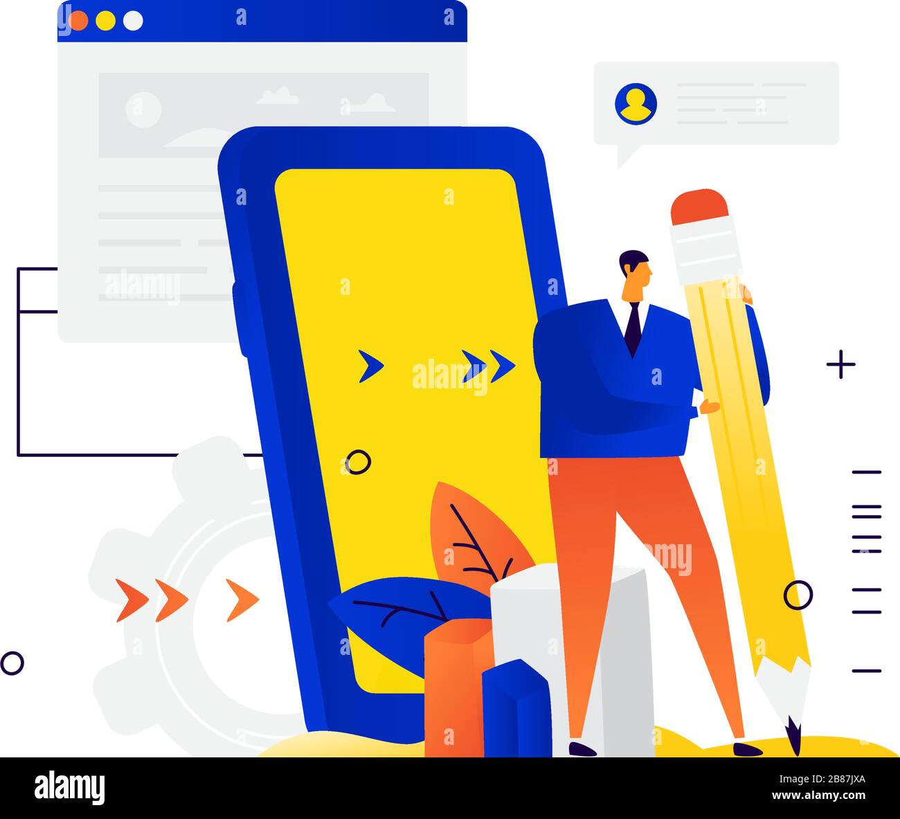 Illustration of a businessman holding a big pencil. Vector. Metaphor. A man on the background of the interface and the phone writes a message. Communi Stock Vector