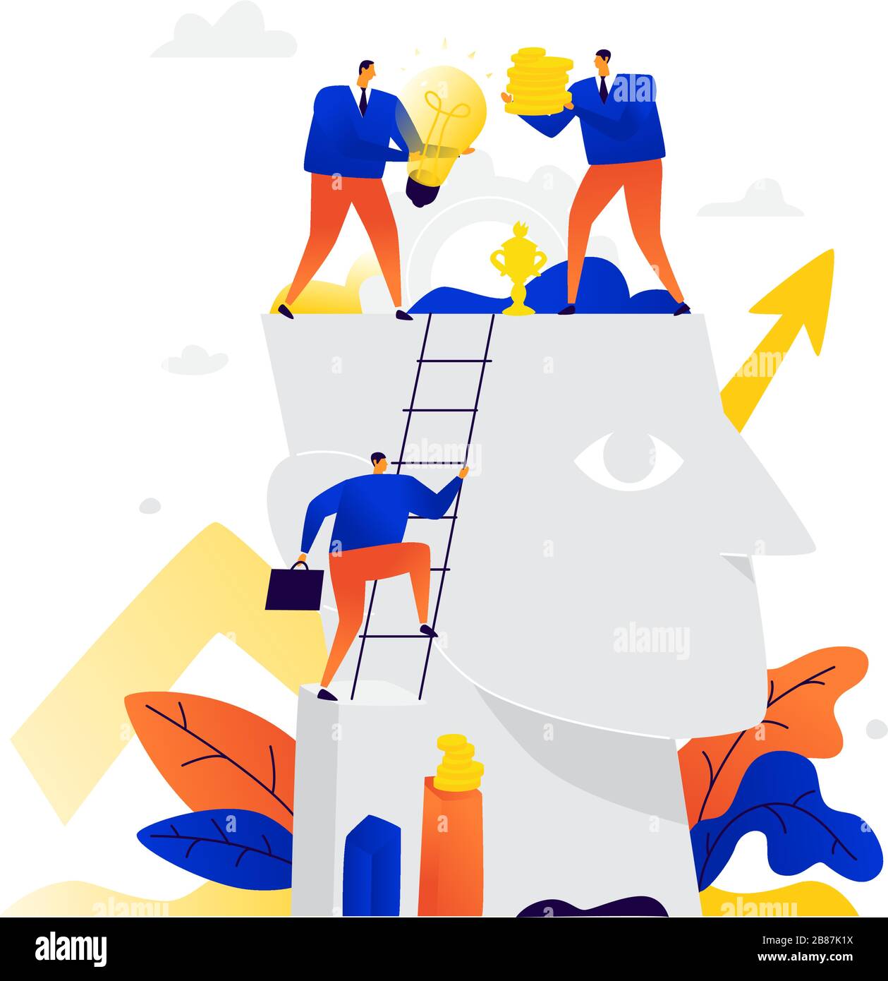 Illustration of businessmen around a big head. Vector. Metaphor. Creativity and intelligence for money. Big brother is watching taboos. Flat illustrat Stock Vector