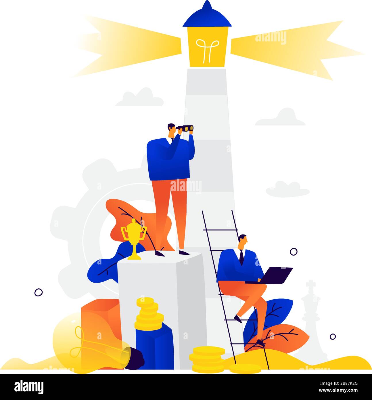 Illustration of businessmen at the lighthouse. Vector. Metaphor. People are sitting and working. Company employees live around the lighthouse. Flat bu Stock Vector