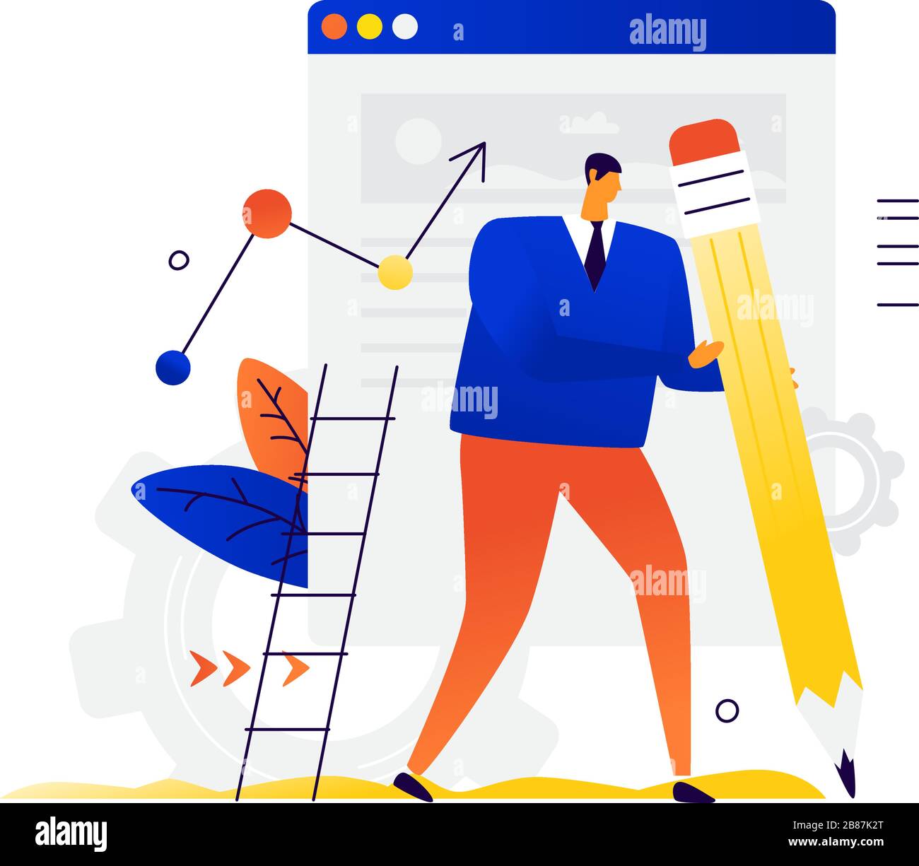 Illustration of a man with a pencil on the background of the site. Vector. Metaphor. A businessman takes notes in the margins. Notes and ideas in a no Stock Vector