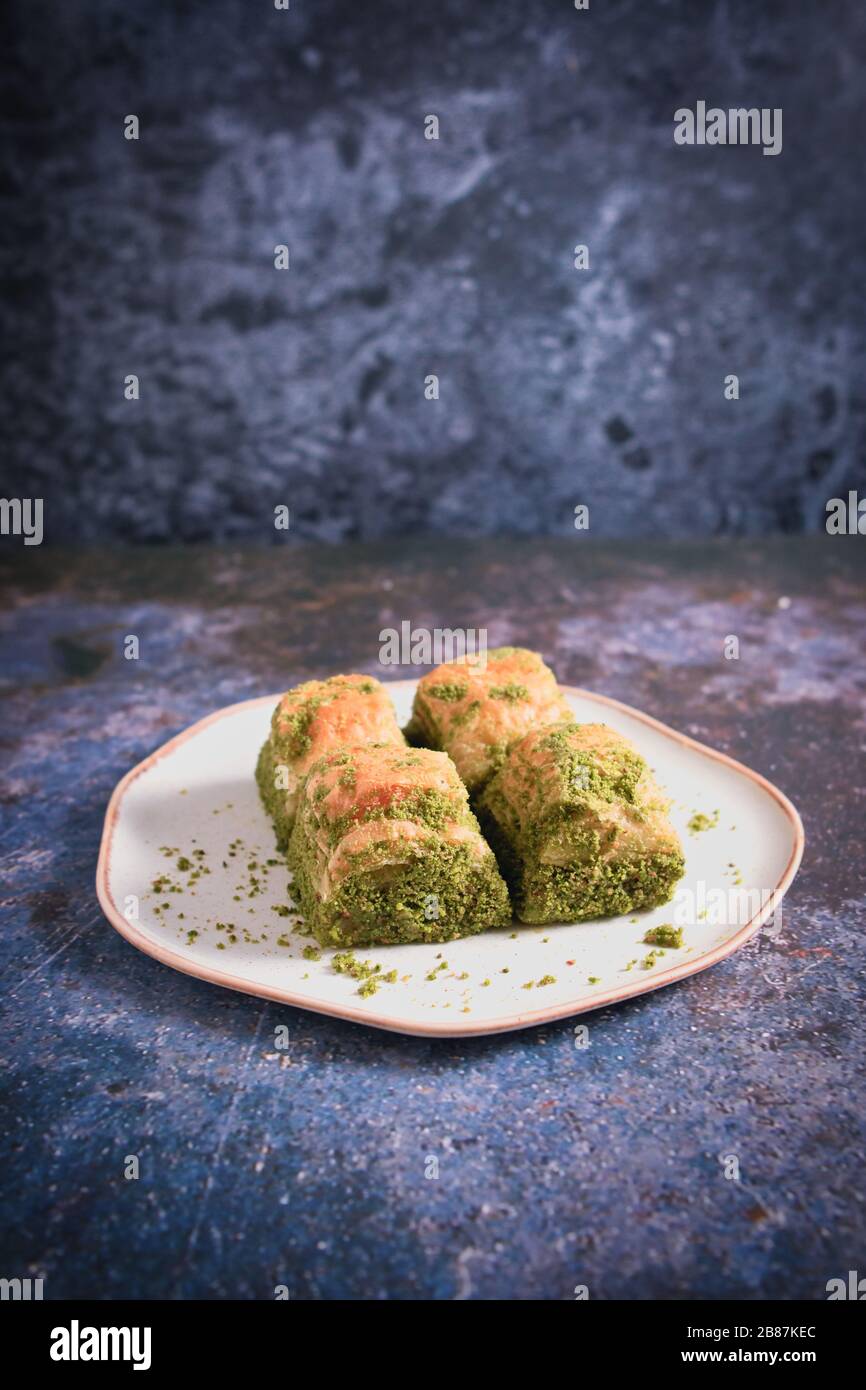 Walnut, Pistachio Turkish Style Antep Baklava Presentation. Baklava from Turkish cuisine Stock Photo