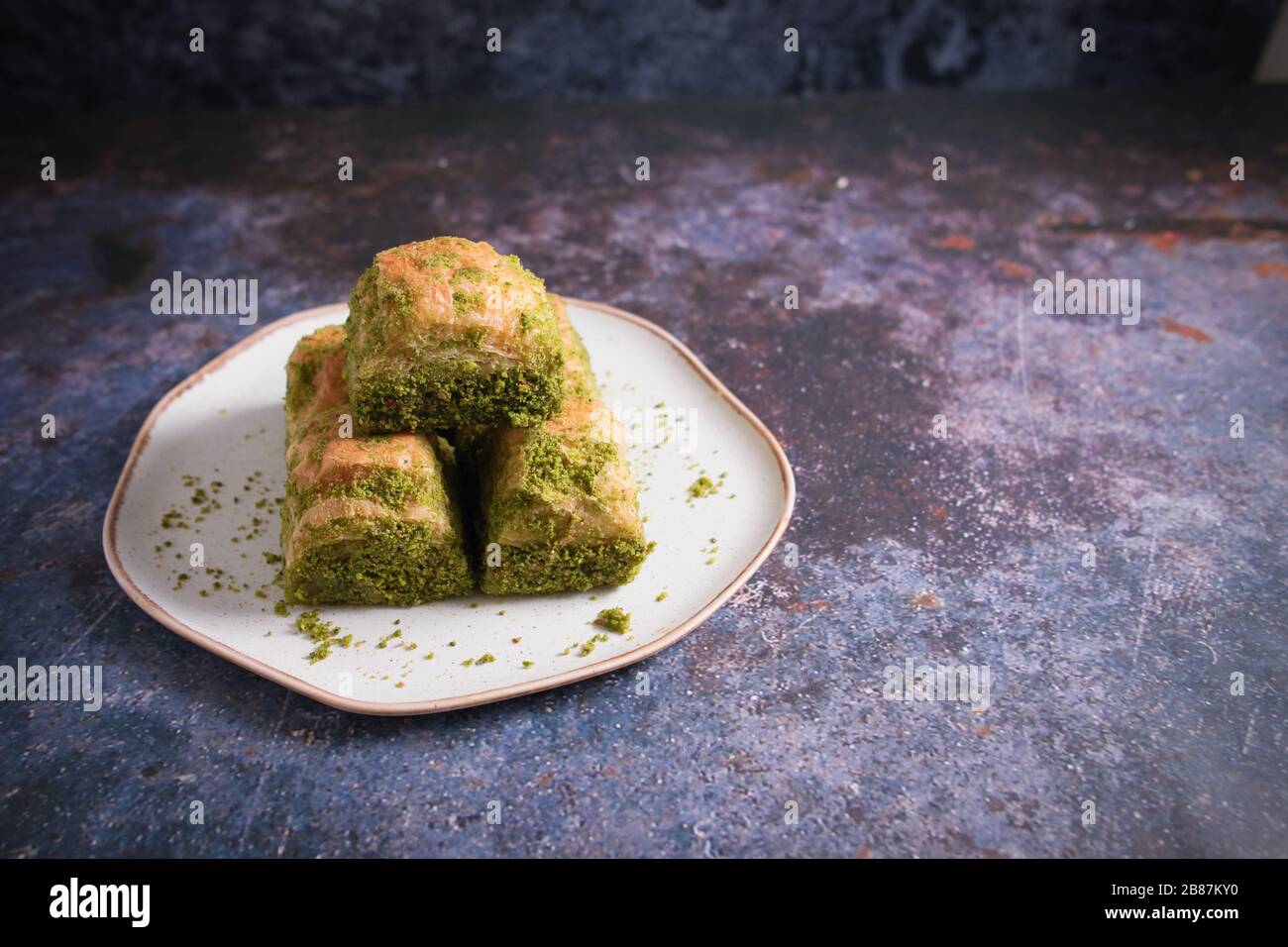 Walnut, Pistachio Turkish Style Antep Baklava Presentation. Baklava from Turkish cuisine Stock Photo