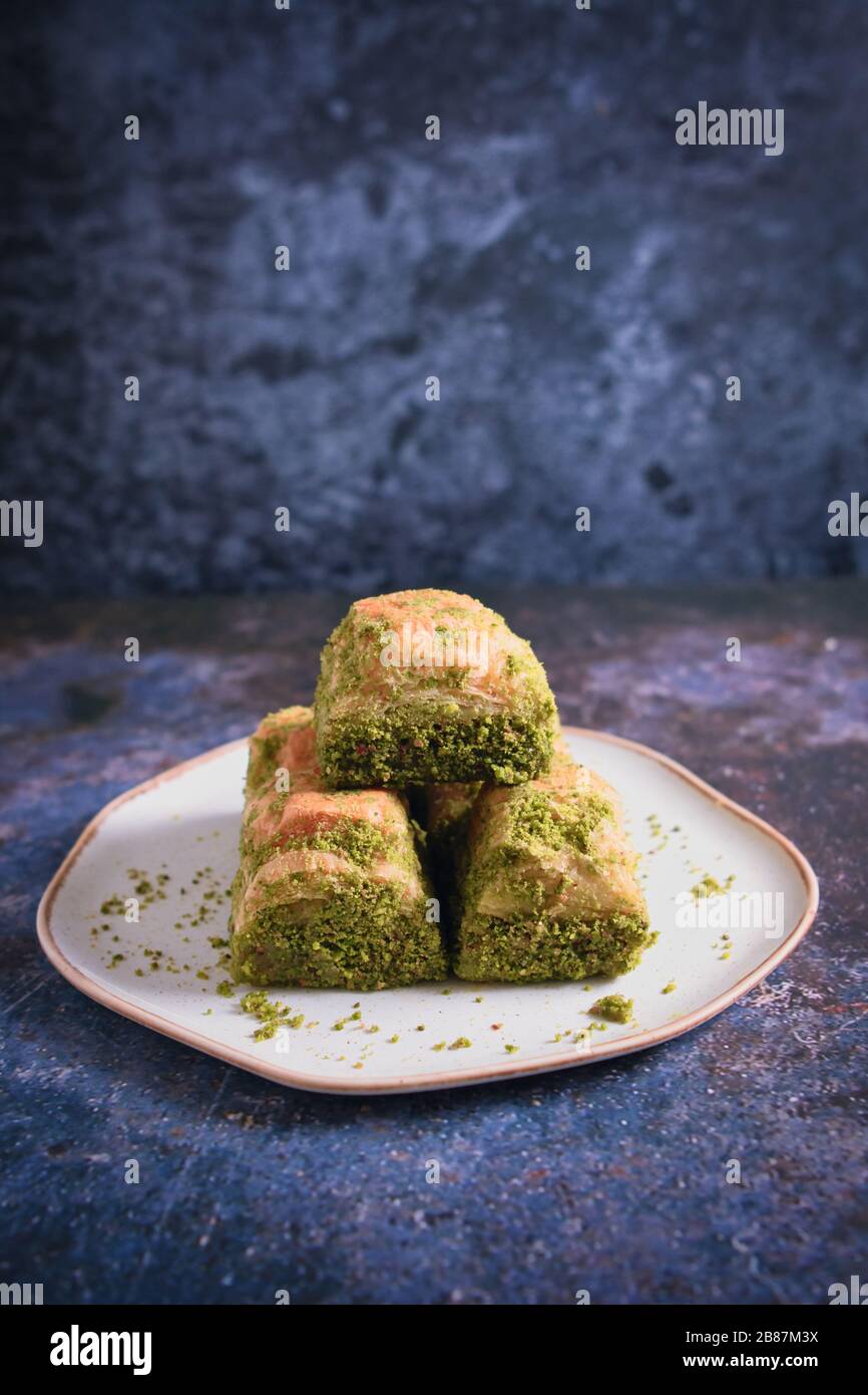Walnut, Pistachio Turkish Style Antep Baklava Presentation. Baklava from Turkish cuisine Stock Photo