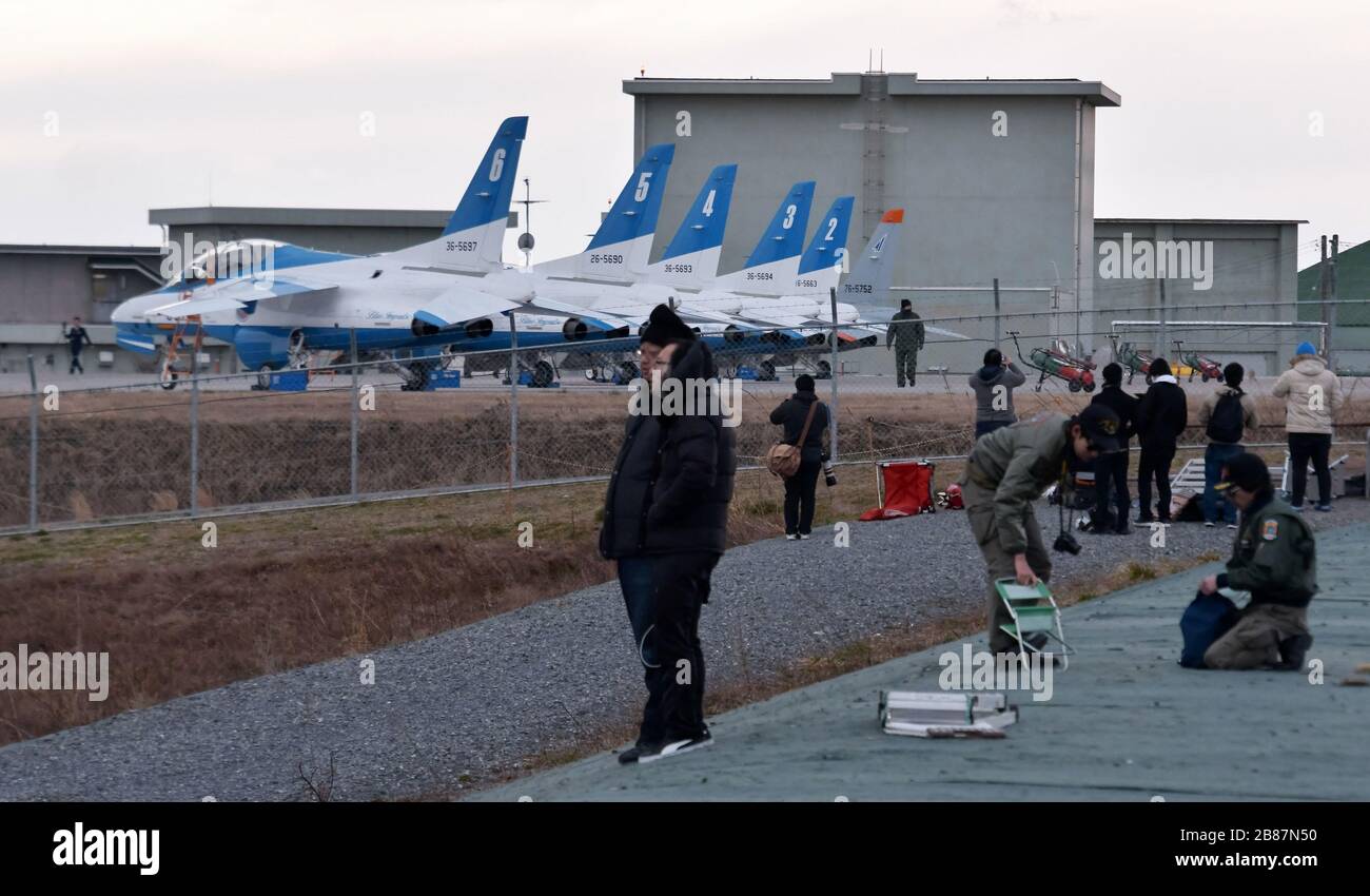 Higashimatsushima, Japan. 20th Mar, 2020. Aircraft spotters gather around Japan Air Self-Defense Force (JASDF) Matsushima Base in Higashi-Matsushima, Miyagi prefecture, Japan on Friday, early morning March 20, 2020. The Olympic Flame arrived in Japan. Photo by Keizo Mori/UPI Credit: UPI/Alamy Live News Stock Photo