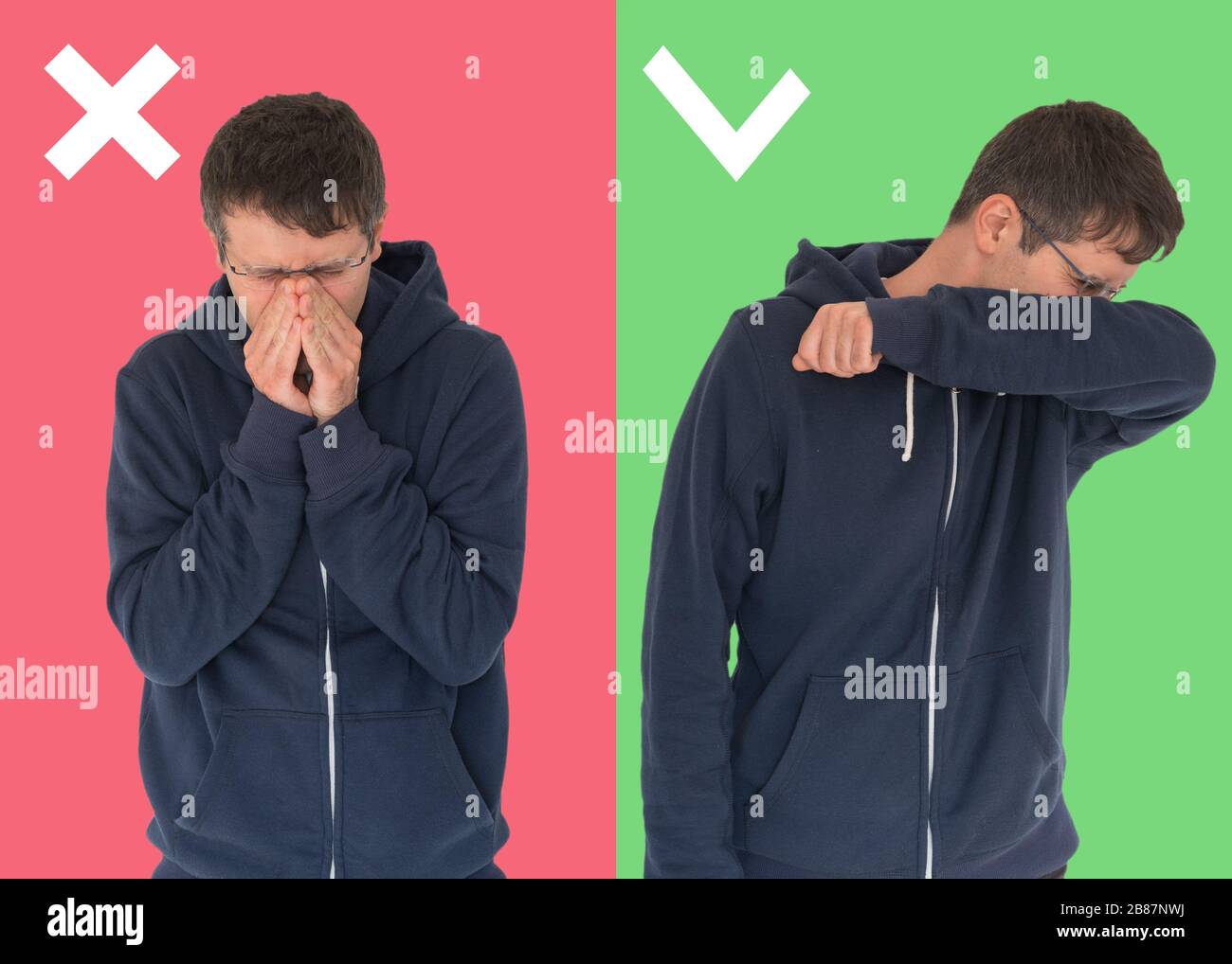 Comparison between wrong and right way to sneeze to prevent virus infection. Caucasian man isolated on colored background sneezing,coughing into her a Stock Photo